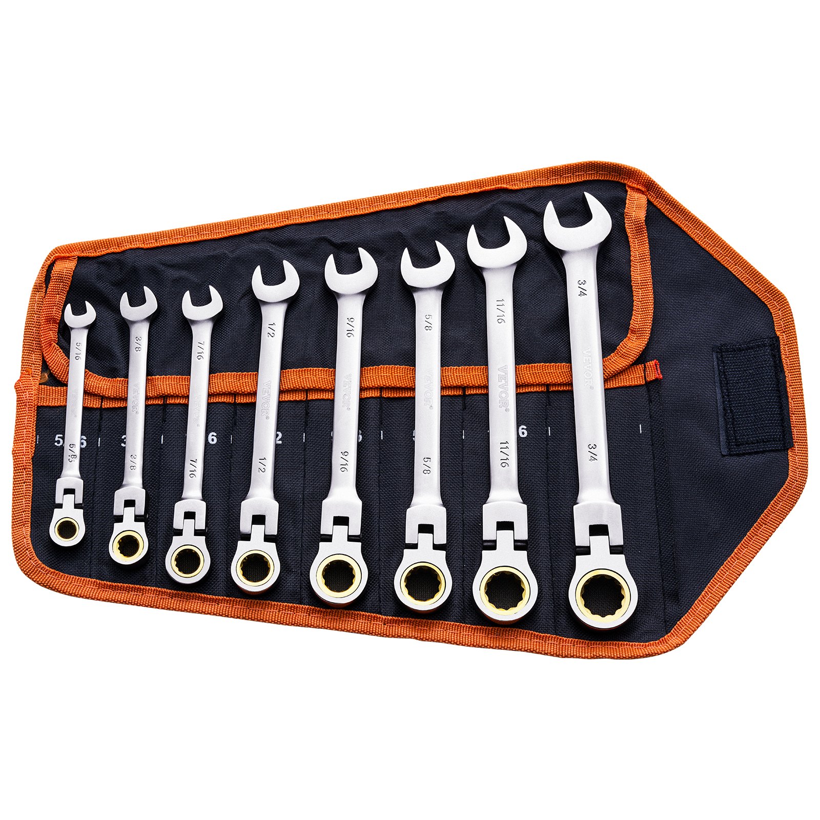 Juego de 8 llaves de trinquete de cabeza flexible, SAE, Cr-V, con estuche