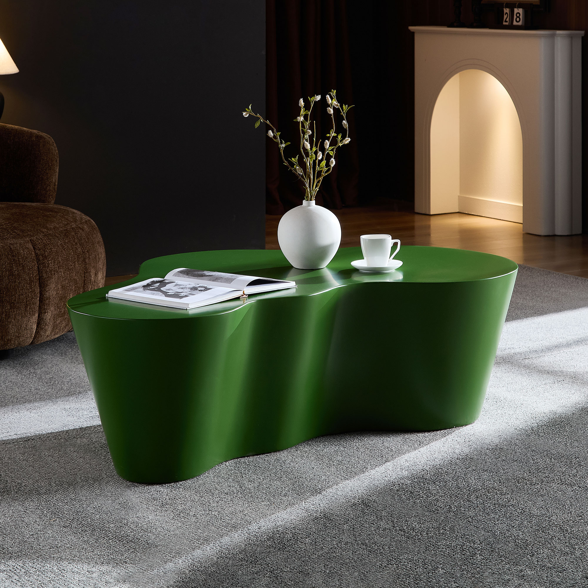 Mesa de centro de 50 pulgadas, forma única, fibra de vidrio resistente, verde