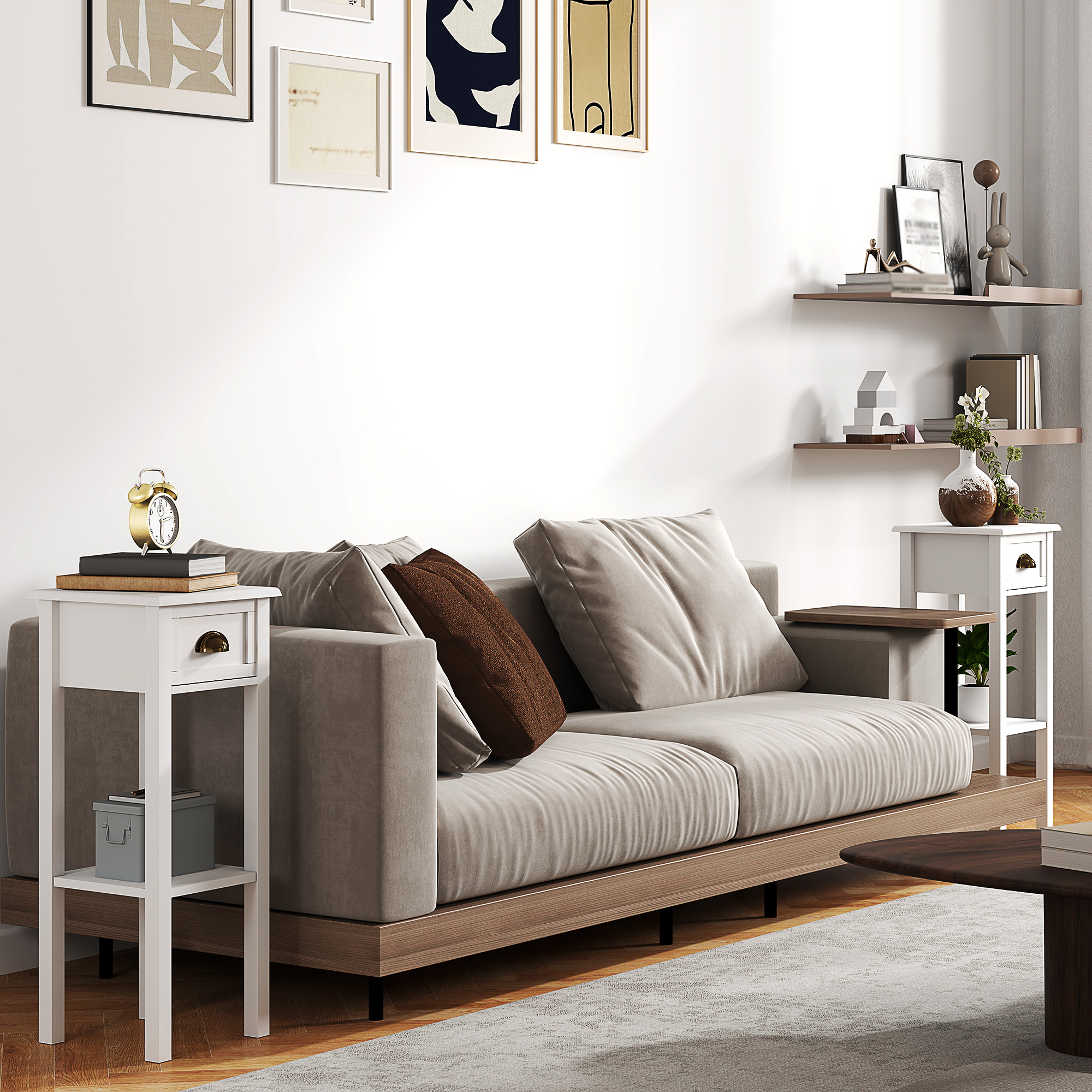 2-Tier Side Tables Set of 2 with Drawer and Shelf, 2 Pieces End Tables for Living Room and Hallway, White