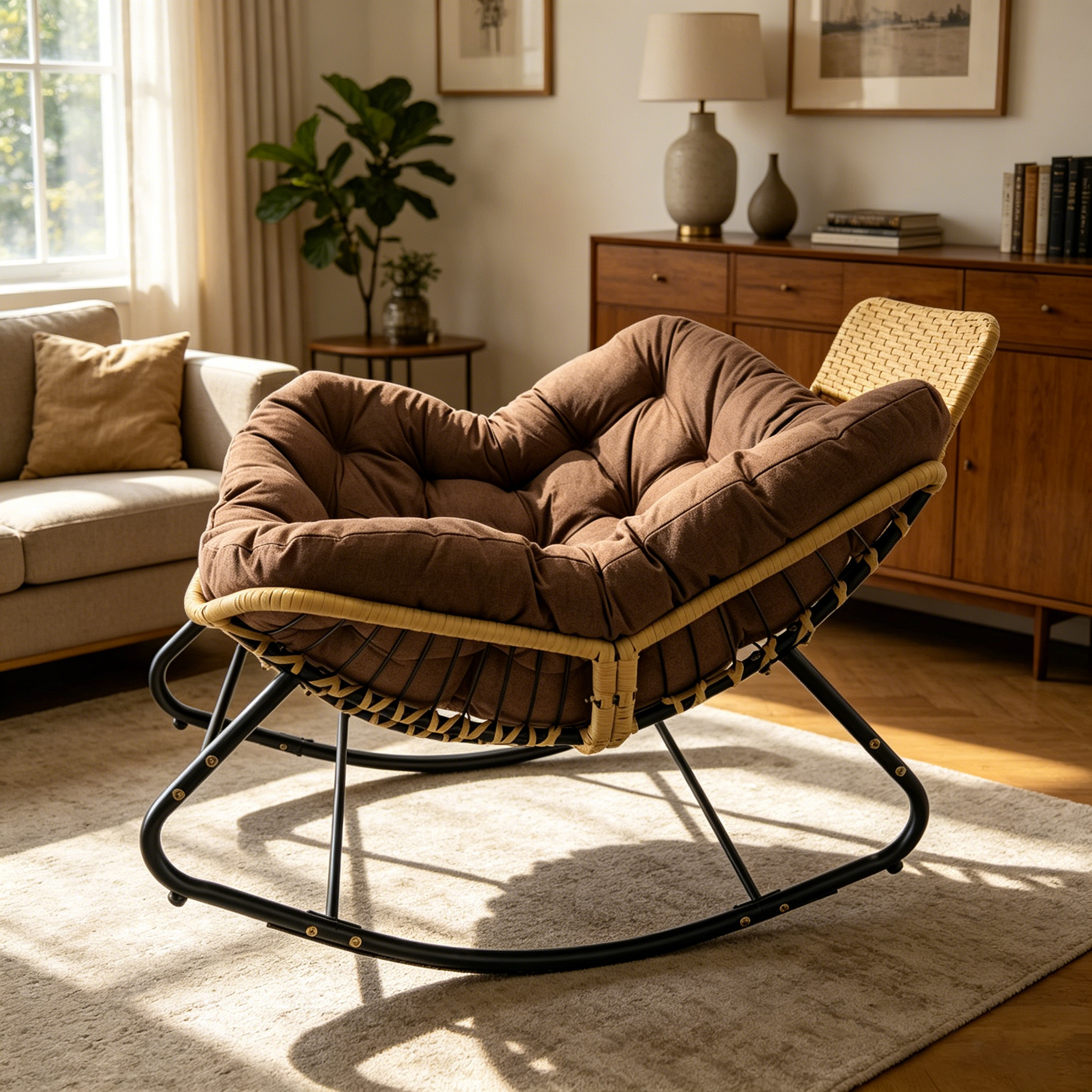 39.37"Papasan Rocking Chair Outdoor, Oversized Patio Egg Chair with Thick Cushion And Handwoven Rattan Head Pillow,Indoor Wicker Lounge Rocker Bed for Balcony, Porch, Garden, Brown