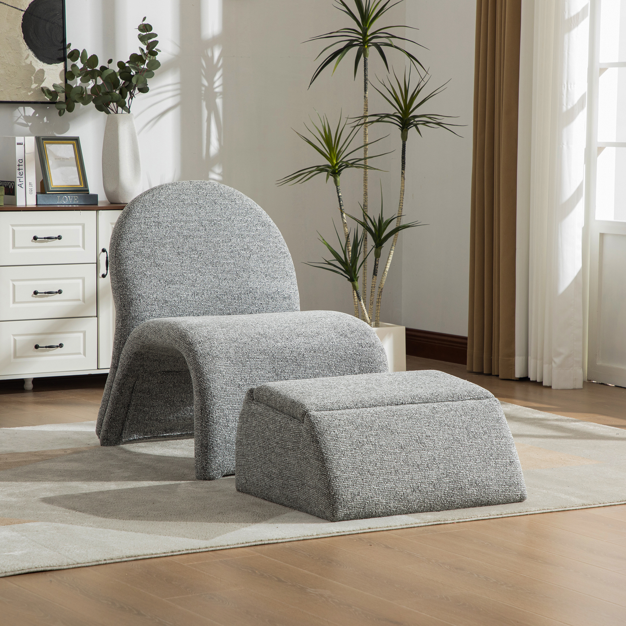 Silla tapizada moderna de 24.8 pulgadas sin brazos con otomana de almacenamiento gris-blanco