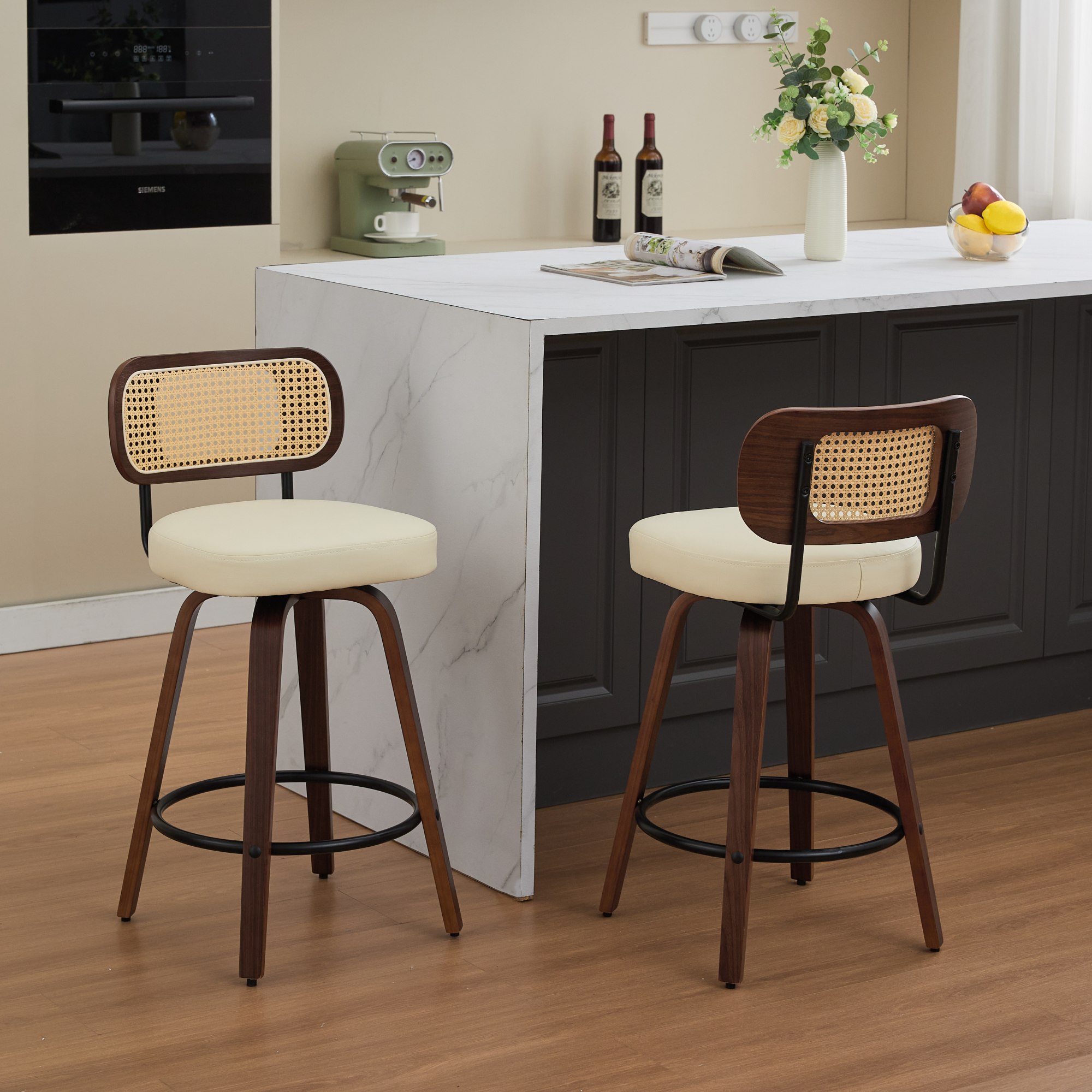 Set Of 2 Counter Height Bar Stools - 26 Inch Rattan Counter Height Stools With Cane Back, Upholstered Seat, Walnut Craftsmanship, Swivel Counter Stools For Island Kitchen Counter Bar Walnut  Beige