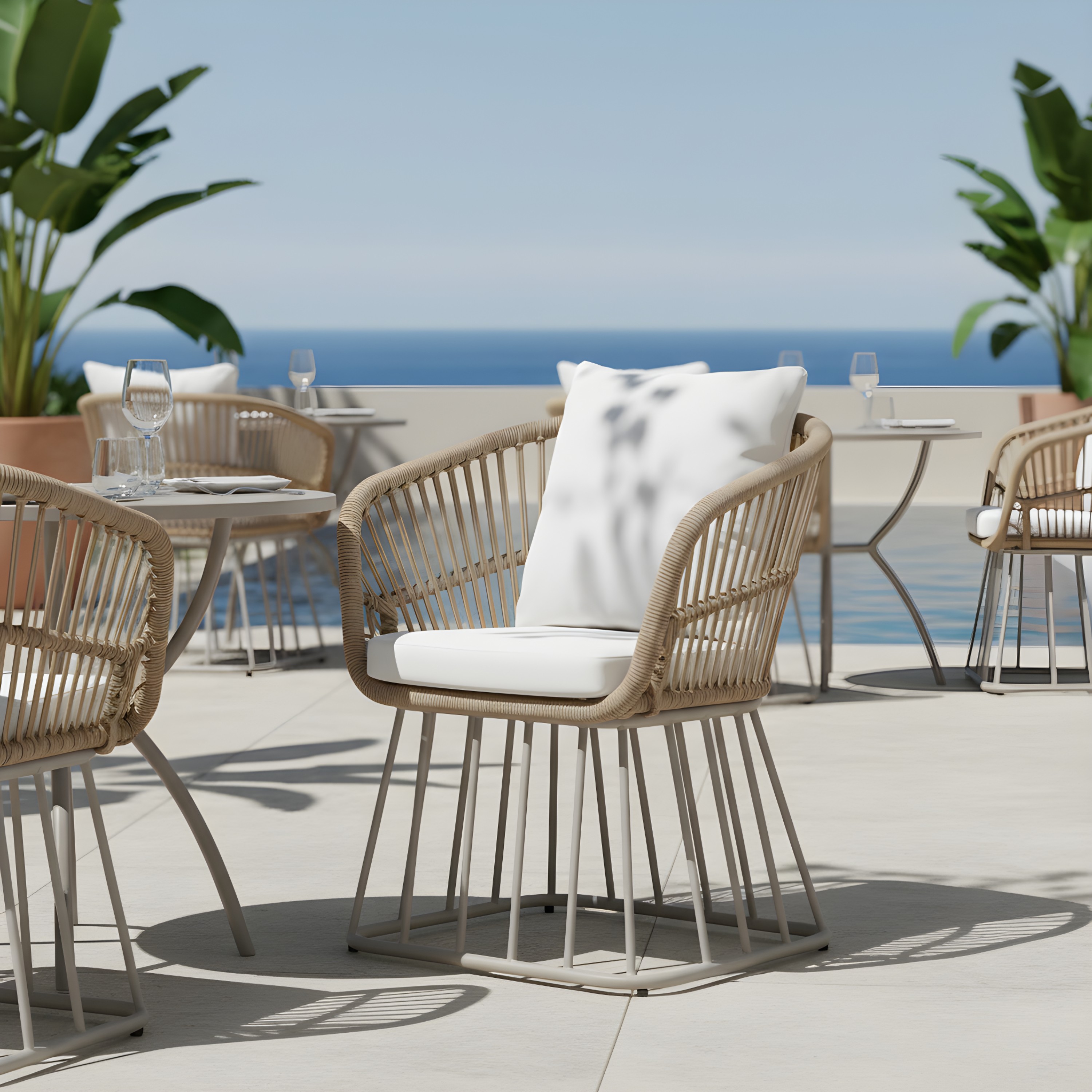 Outdoor Dining Chair MP1 - Teak Finish Wicker & Beige Steel Frame, 300LBS Weight Capacity, Includes Cushion