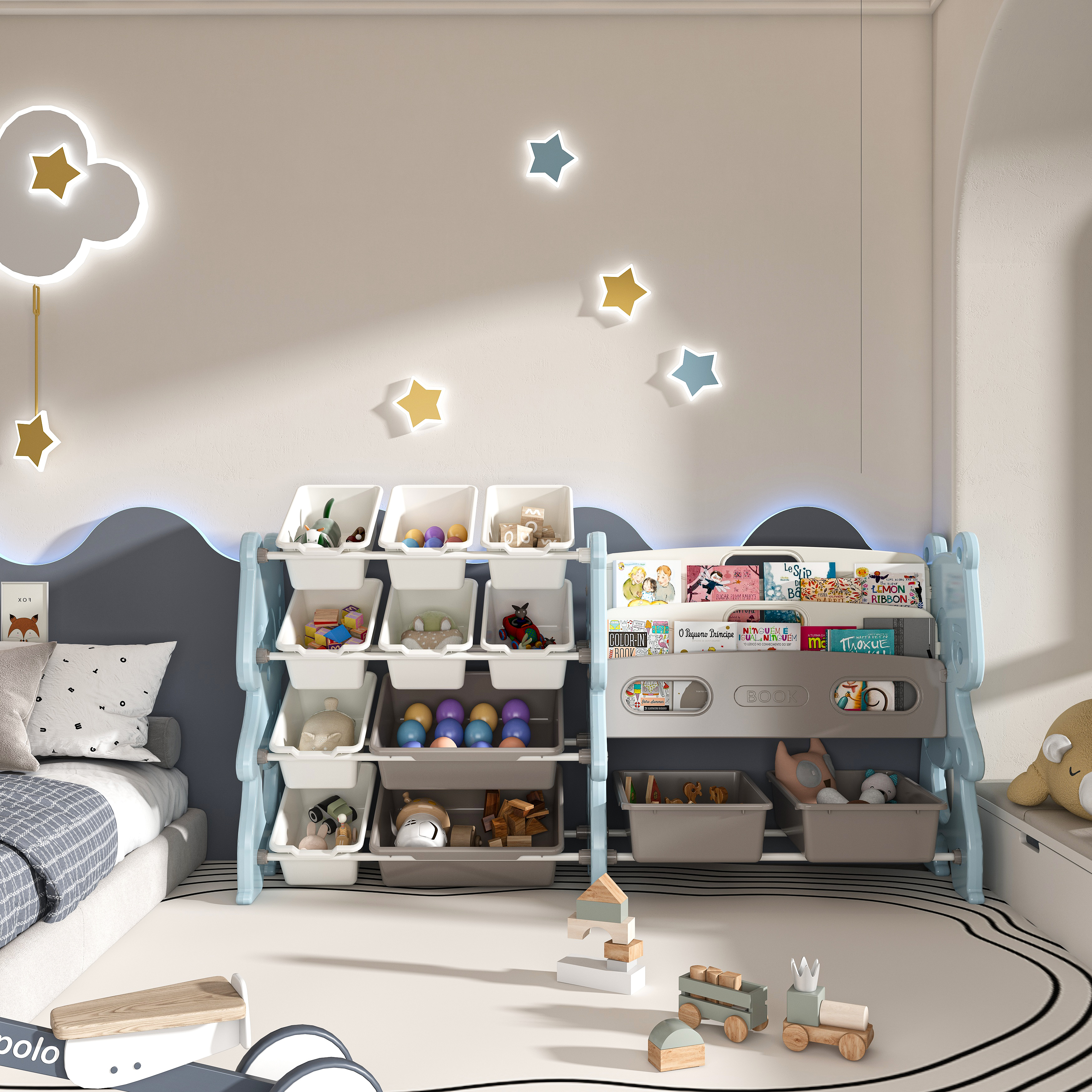 Kids Toy Storage Organizer, Toy Organizer With 2 Tier Bookshelf, Toy Storage With Shelf And 12 Toy Bins, Kids Bookshelf And Toy Storage For Playroom, Bedroom, Kids Room, Classroom