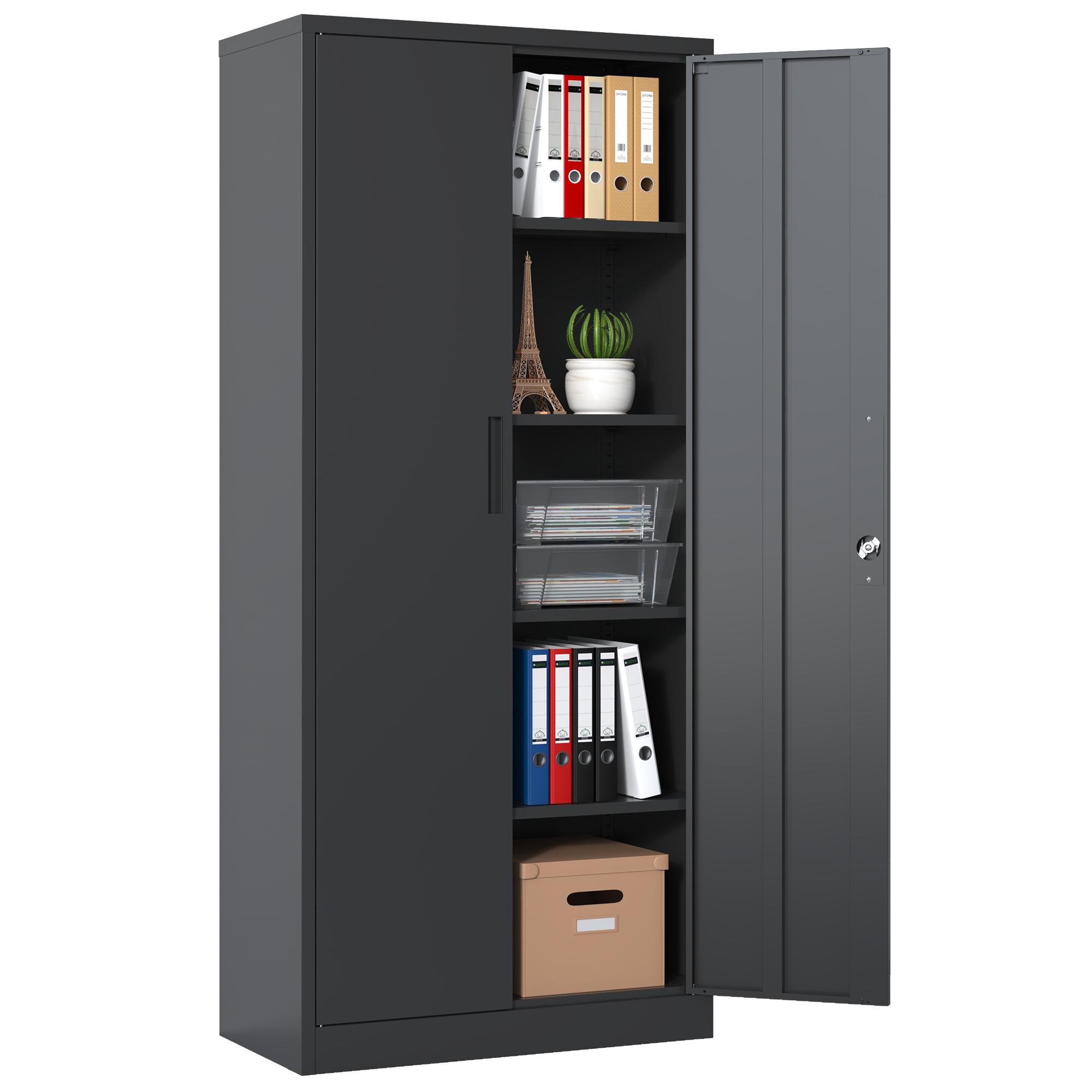 72 H Metal Garage Storage Cabinet, Black Tool Steel Locking Cabinet With Doors And 4 Shelves, Tall Cabinets For Garage Storage Systems Lockable File Cabinet For Home Office, Classroom Pantry