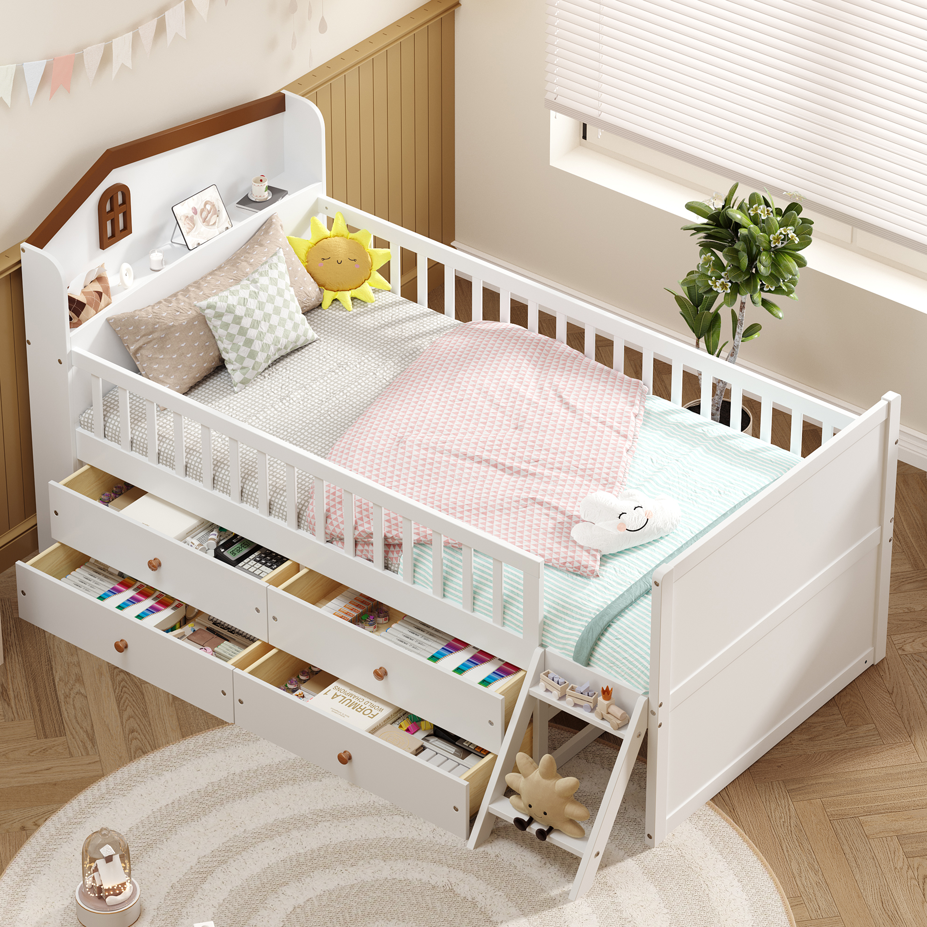 Base de cama individual de madera con 4 cajones, cabecera con barandilla y escalera blanca