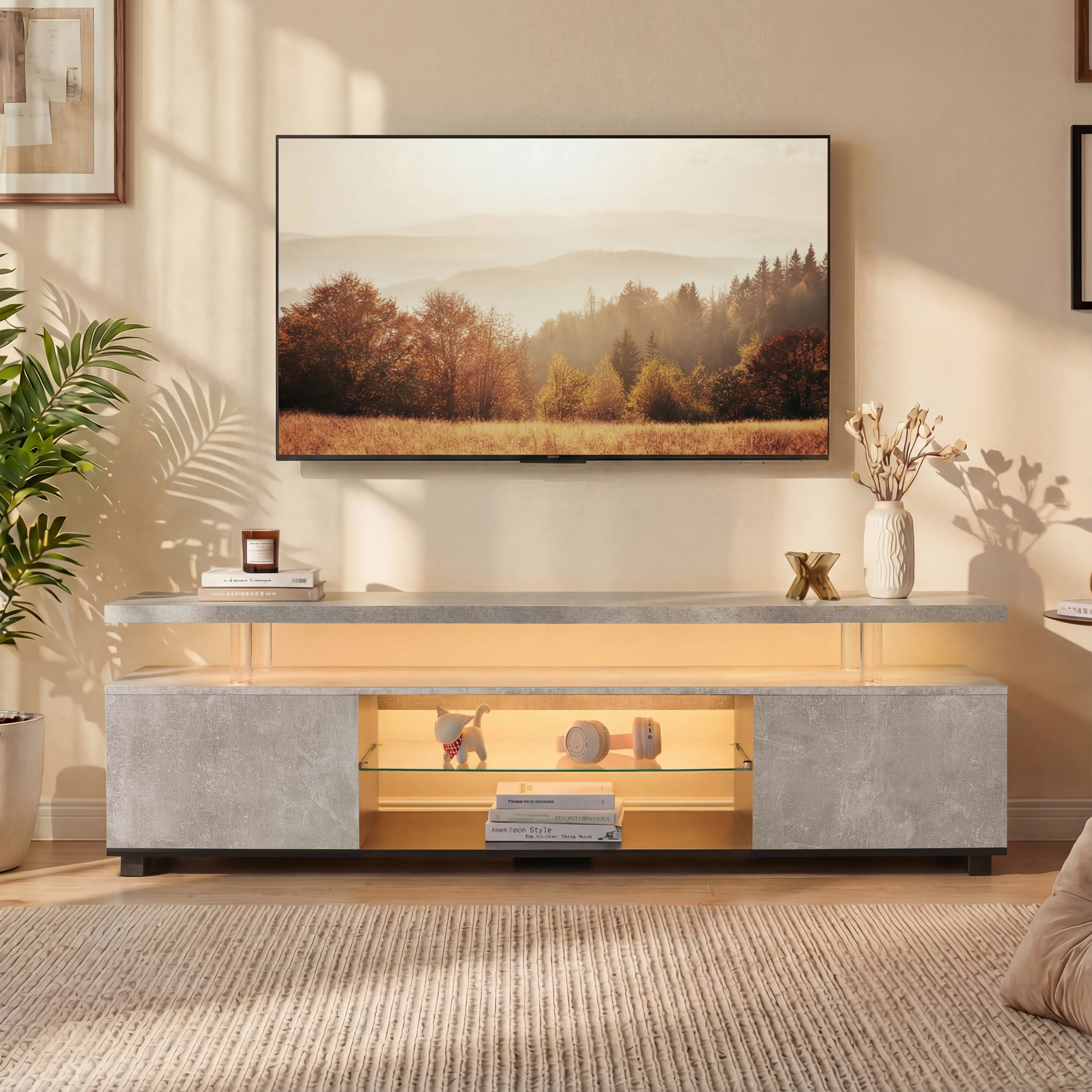 TV Stand For 55 Inch TV LED Gaming Entertainment Center Media Storage Console Table With Large Side Cabinet For Living Room GreyBlack