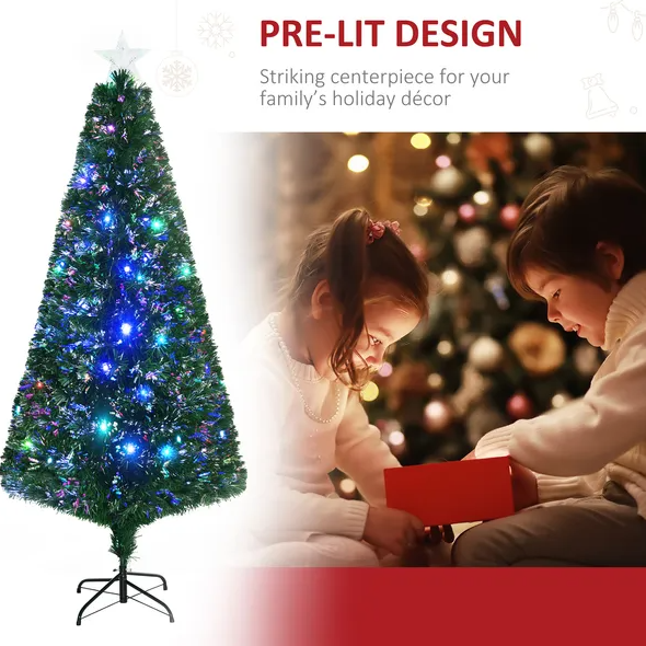 6' Tall Douglas Fir Pre-Lit Artificial Christmas Tree With Realistic Branches, 24 Multi-Color LED Lights, Fiber Optics And 230 Tips