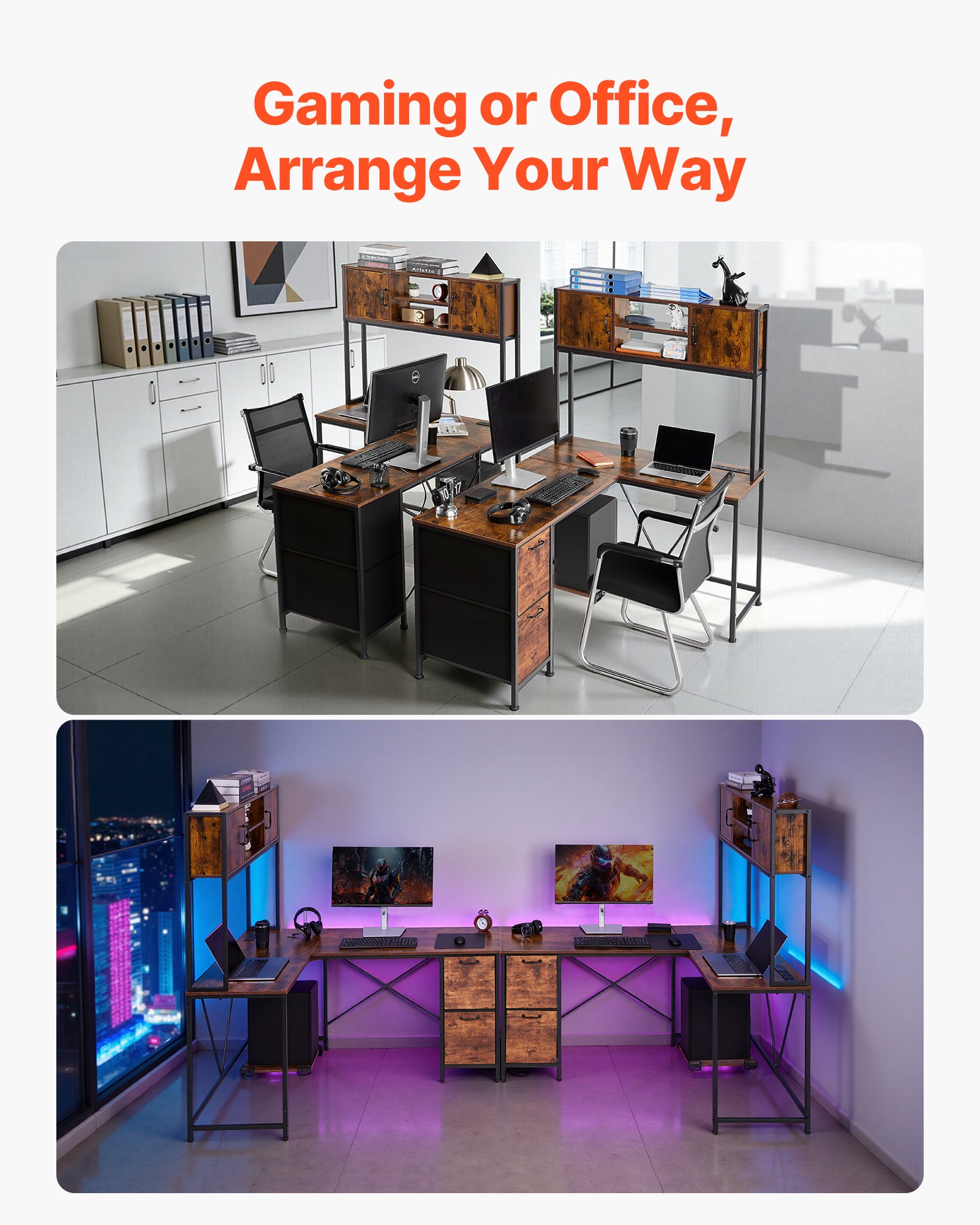 L-Shaped Gaming Desk With LED Lights, 62.2-inch Reversible Corner Computer Desk With Power Outlets, Movable CPU Stand & Storage Drawers, Modern Stylish PC Gaming Table For Home Office
