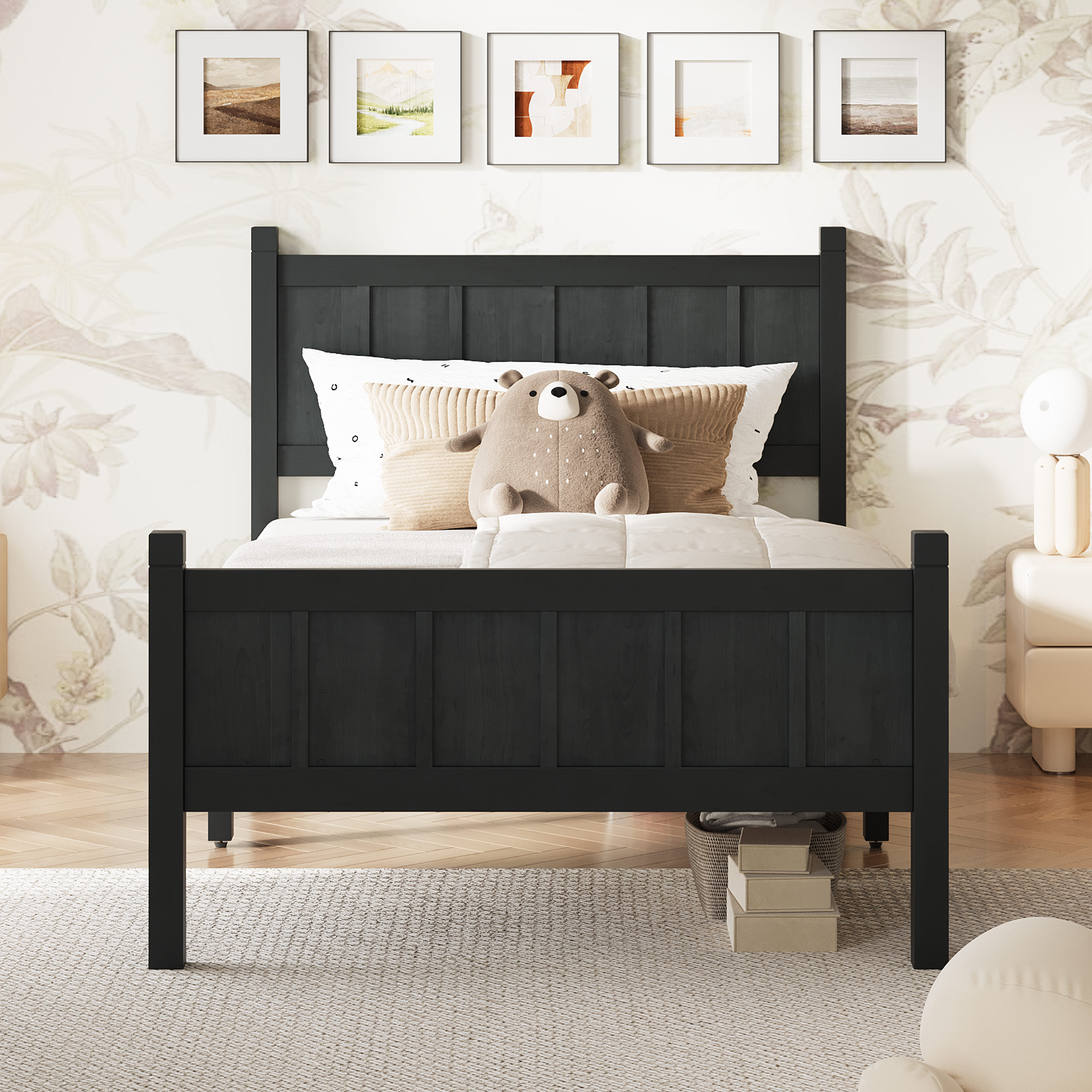 Cama plataforma individual con cabecero y piecero, acabado veta de madera, negra