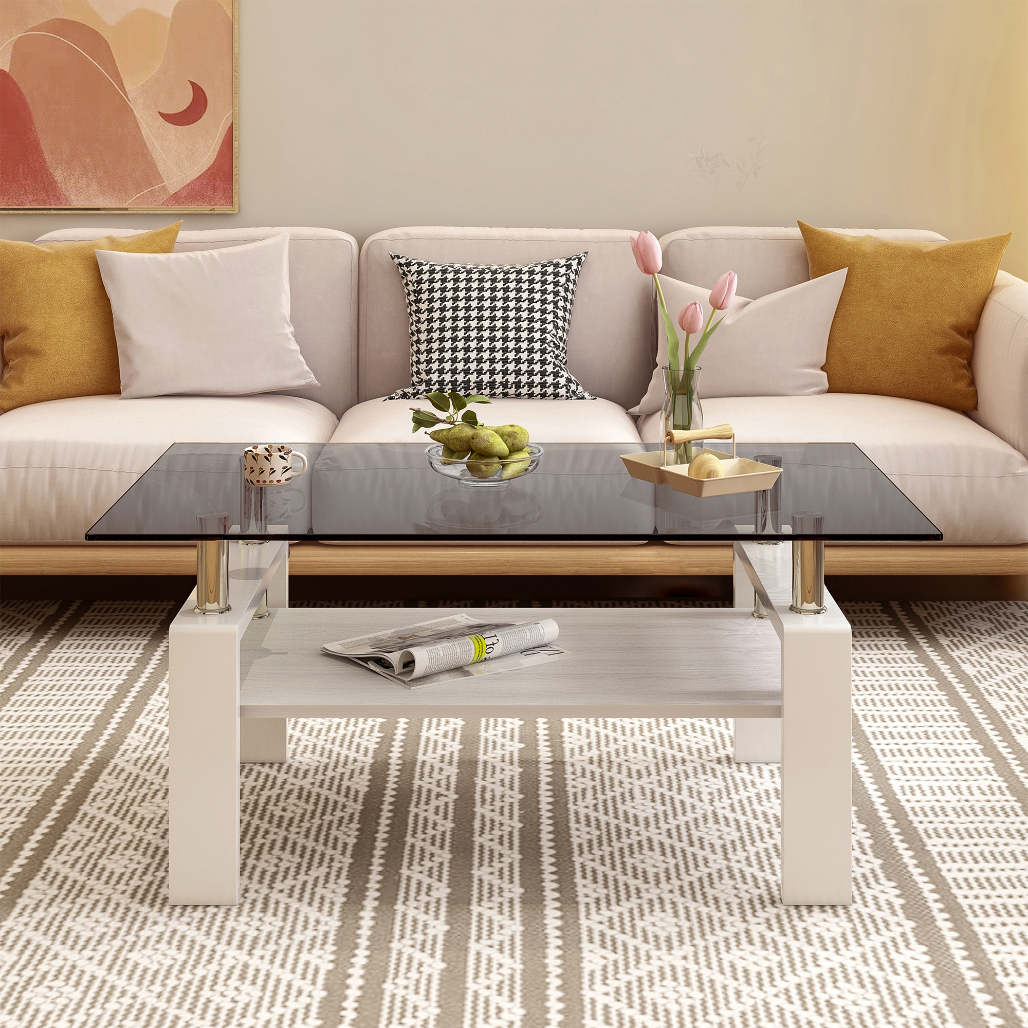 Rectangle Coffee Table, Tempered Glass Tabletop With MDF Layer, Modern Table For Living Room , Gray Glass