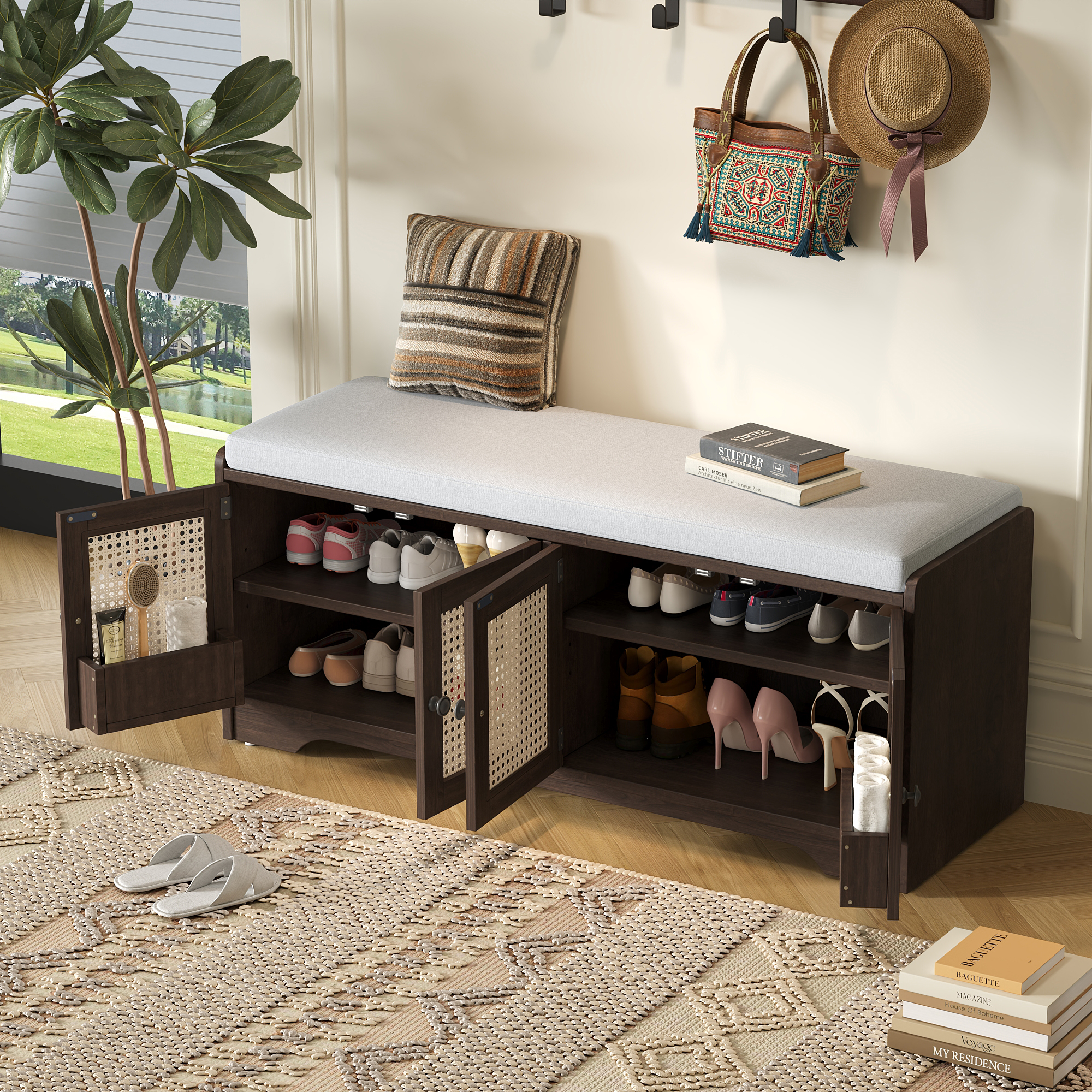 TREXM Rustic Storage Bench Multifunctional Wood Entryway Shoe Bench With Removable Cushion  Woven Rattan Doors & Adjustable Shelves For Hallway  Living Room  Espresso Beige