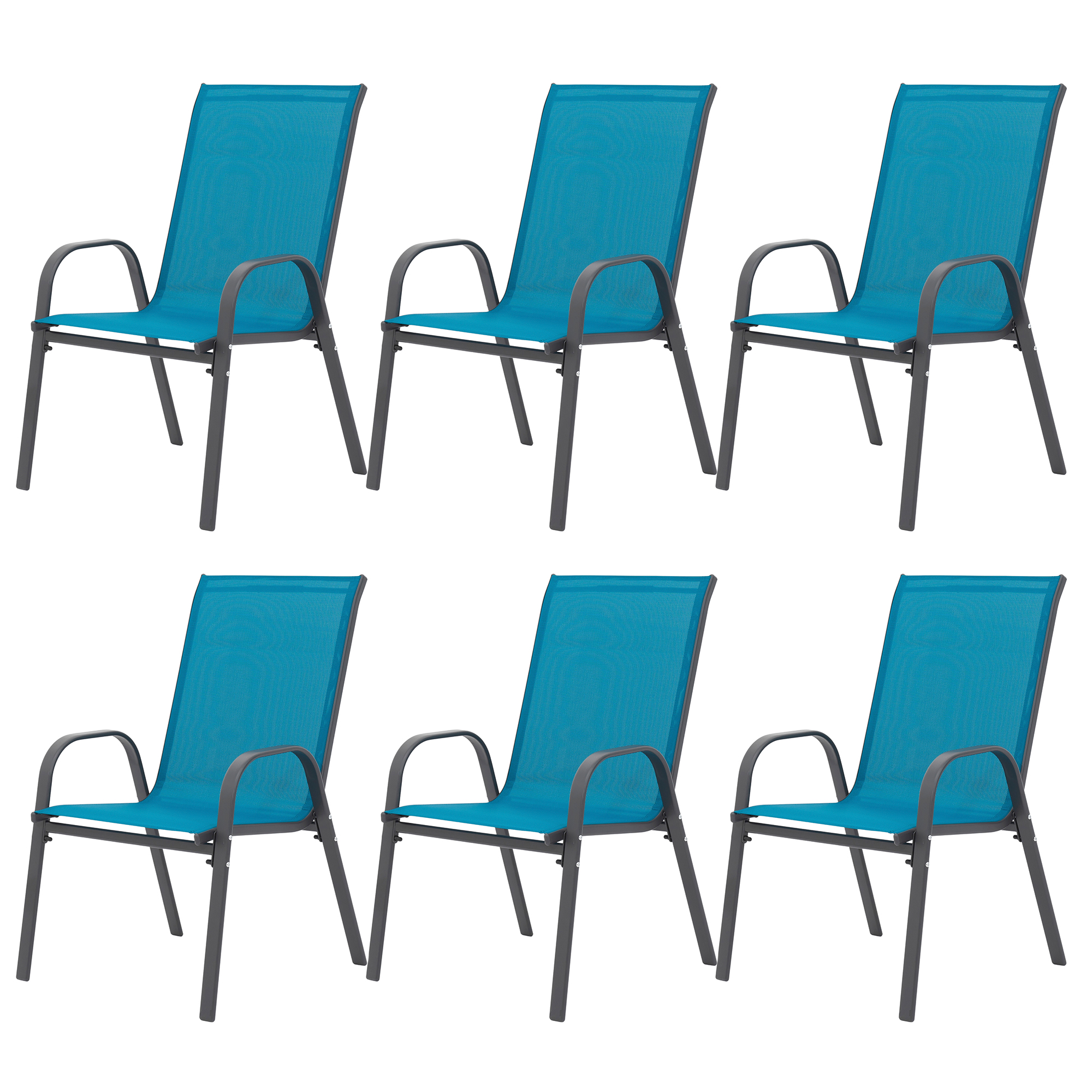 Juego de 6 sillas de patio de exterior con tela Textilene, reposabrazos y respaldo alto, azules