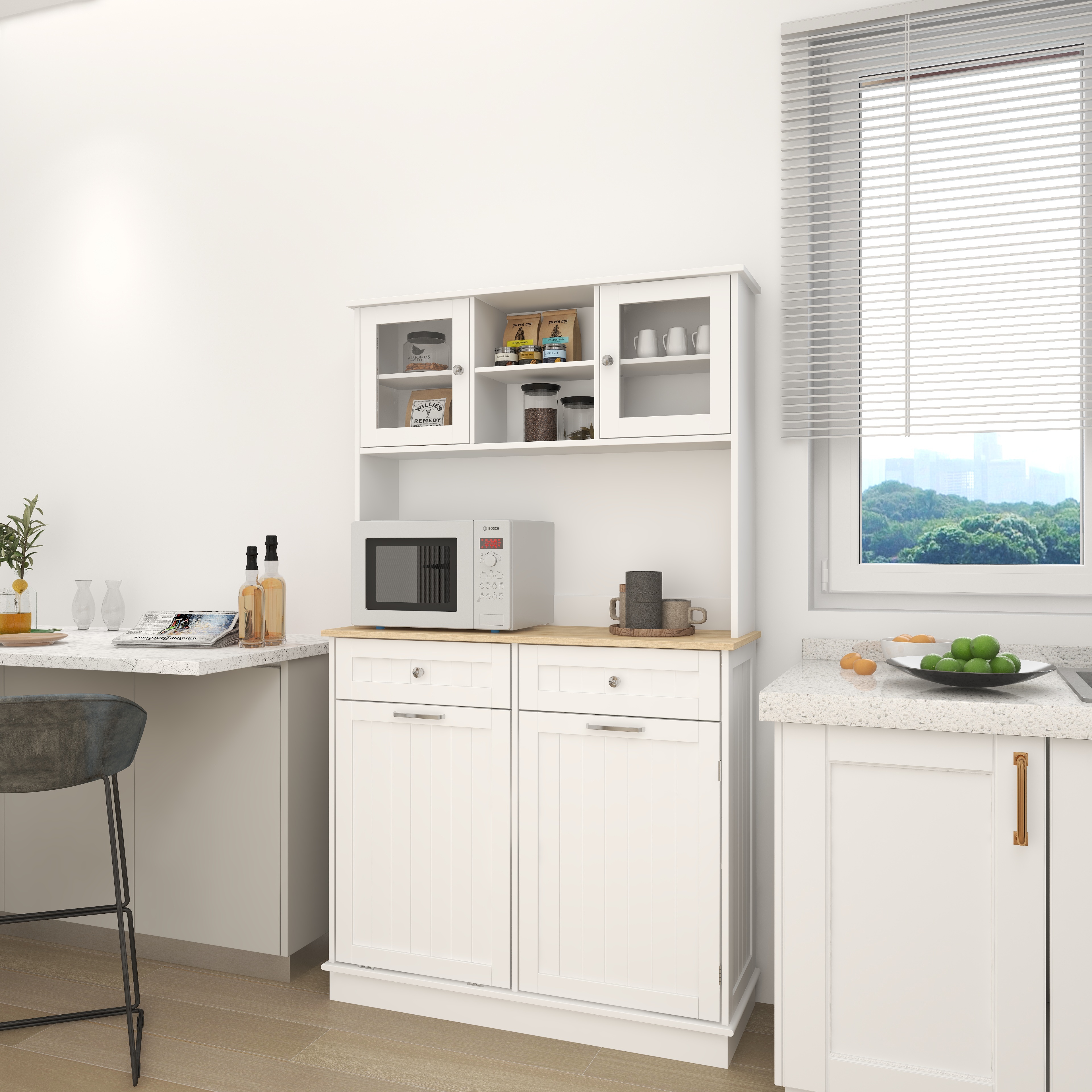 Gabinete de cocina blanco de 67.7 pulgadas con 3 estantes, 2 cajones y compartimento basculante