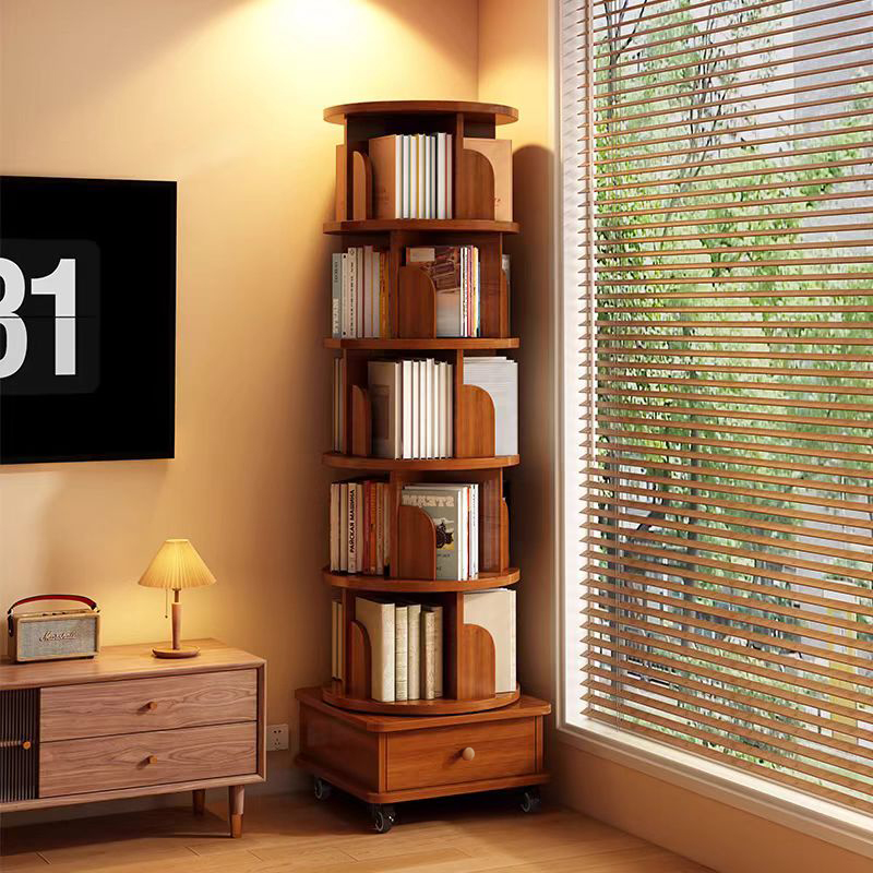 UPGRADED  Rotating Bookshelf, 360 Display Corner Bookshelf For Small Space, 6 Tier Bookcase Storage Rack With Wheels, Wood Narrow Organizer For Bedroom, Living Room, Study Room, Walnut Brown