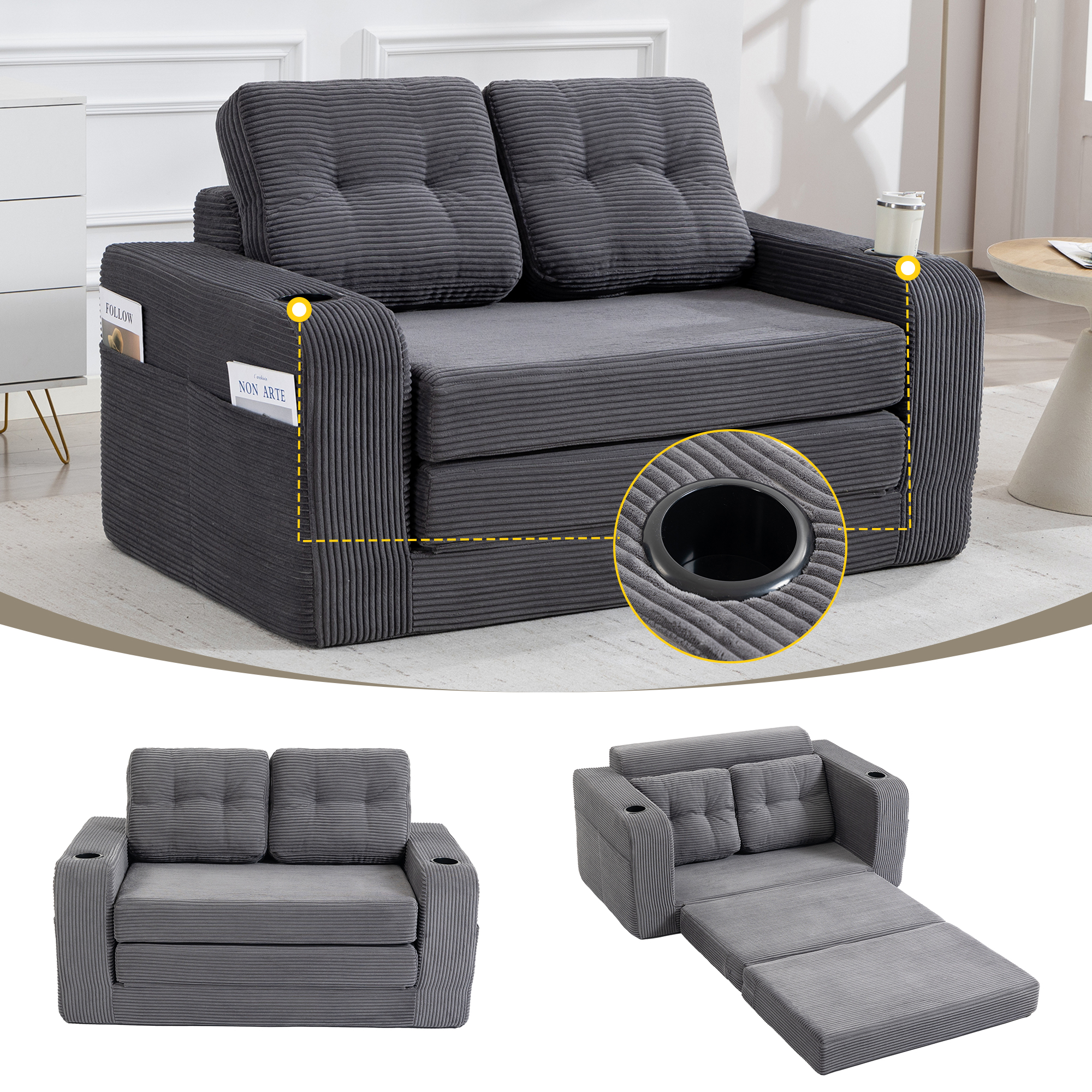 Convertible Sofa Bed,Expandable Double Sofa Bed, 2 In 1 Convertible Sofa Bed, Fold Out Floor Couch With Pillows For Living Room Bedroom Lounge