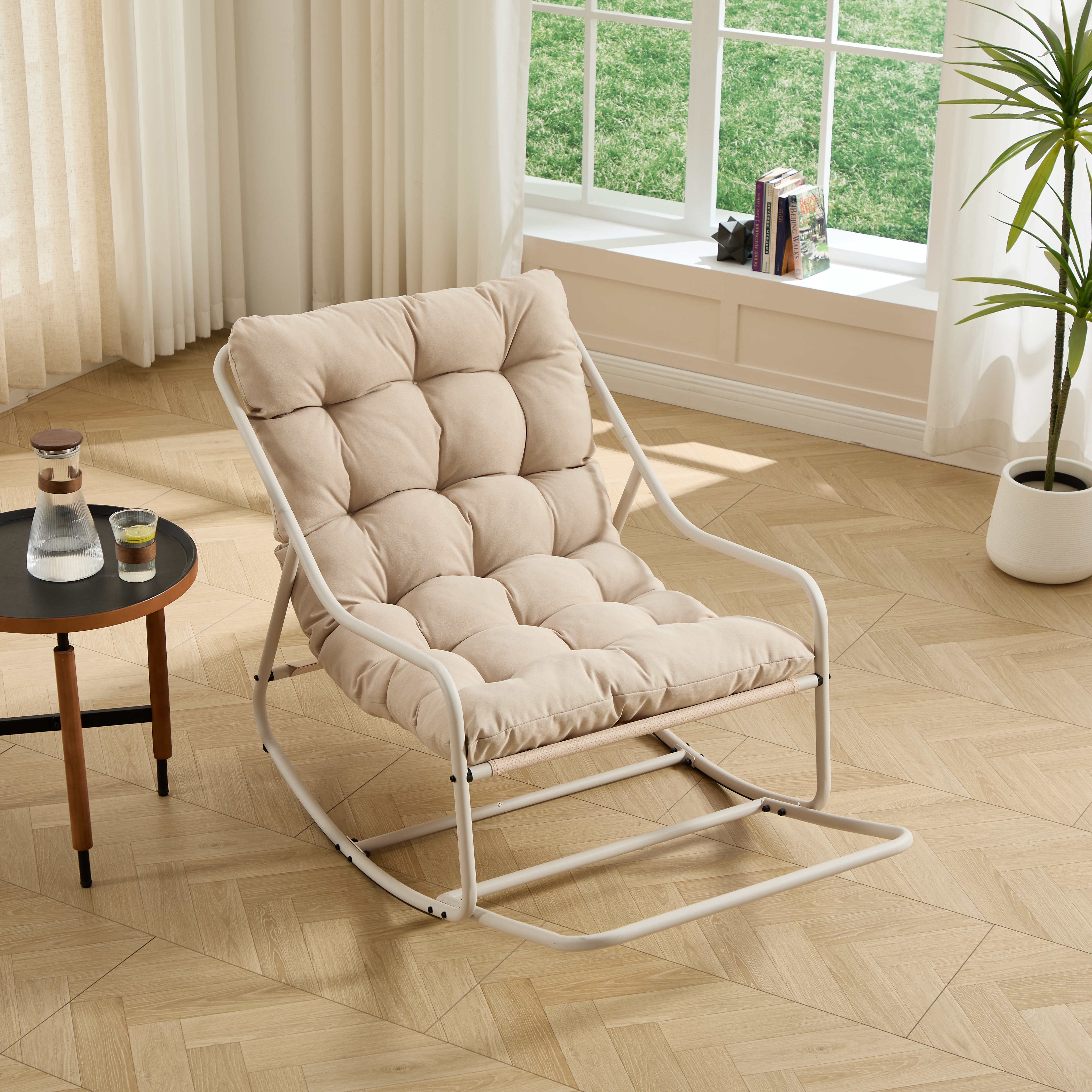 Outdoor Rocking Chair, Comfy Cushion, With Soft Thick Cushion,for Living Room, Bedroom, Reading Room, Beige Frame With Beige Cushion