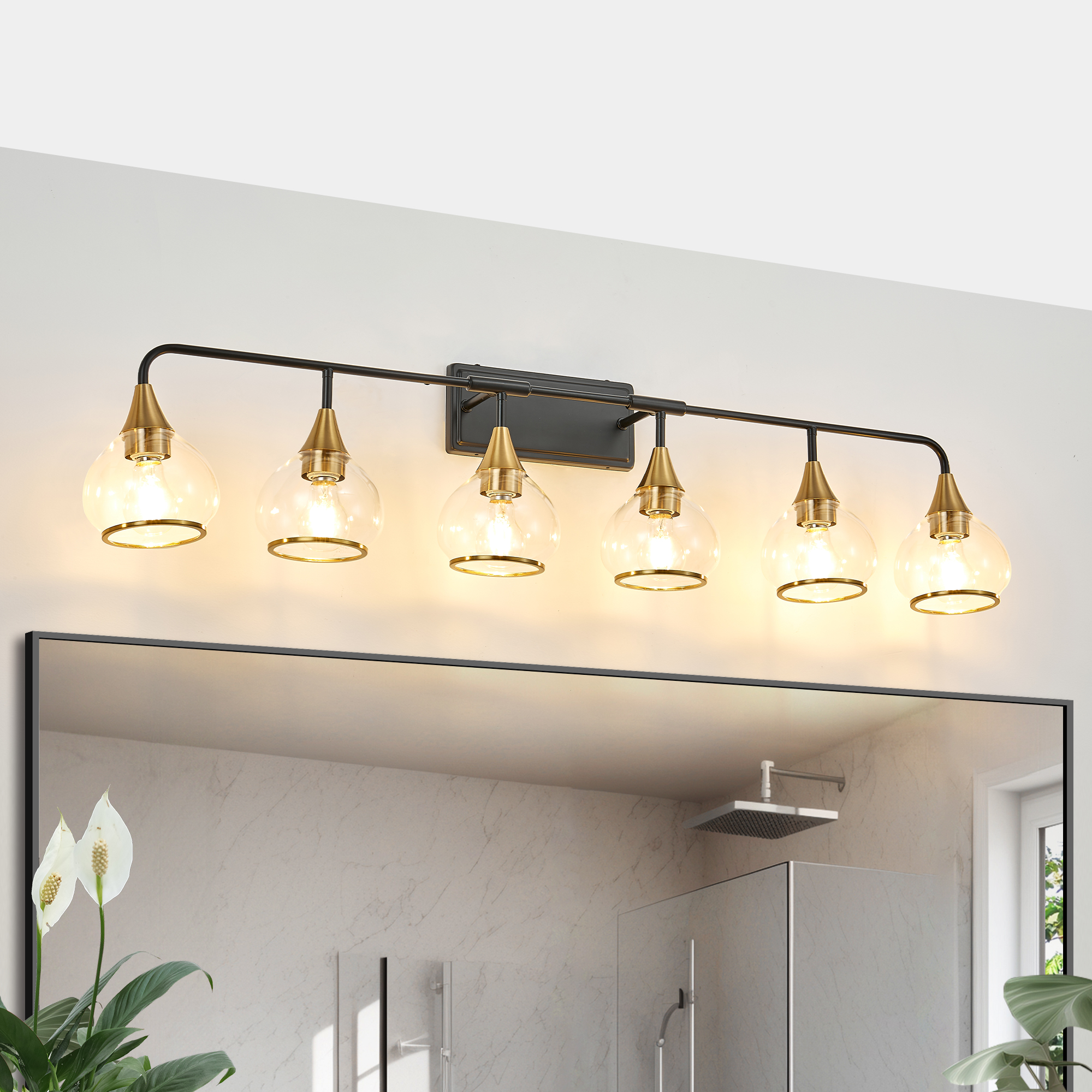 48" Modern 6-Light Vanity Wall Sconce - Black and Gold Bathroom Light Fixture with Clear Glass Shades, Industrial Wall Mounted Lamp for Mirror, Vanity, and Living Spaces (Bulb Not Included)