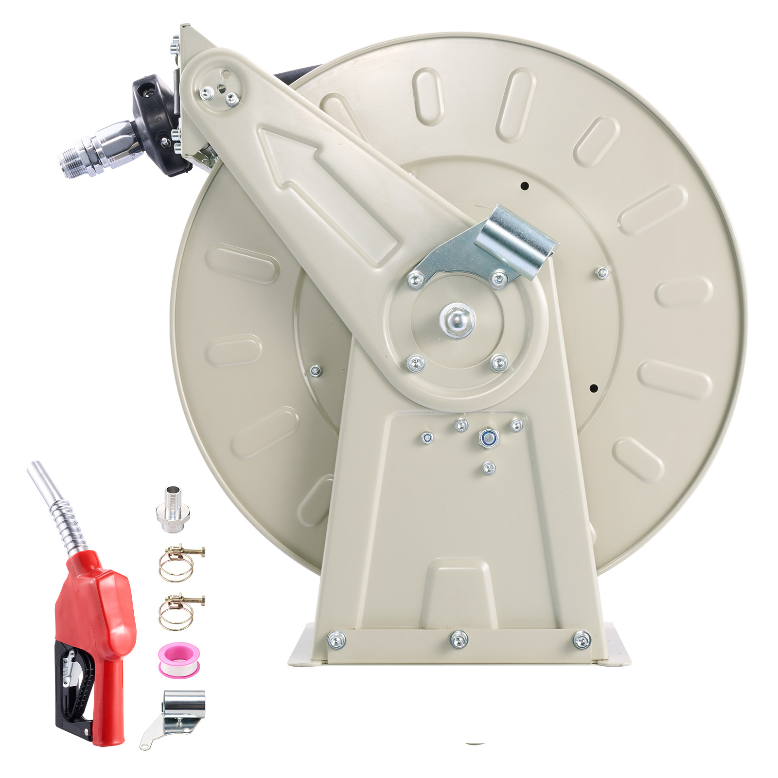 Fuel Hose Reel, 3/4 Inch X 33 Ft Retractable, Spring Driven Auto Swivel Rewind, 300 PSI, Heavy-Duty Carbon Steel Construction With Industrial Grade Rubber Hose, For Diesel Fuel, Kerosene