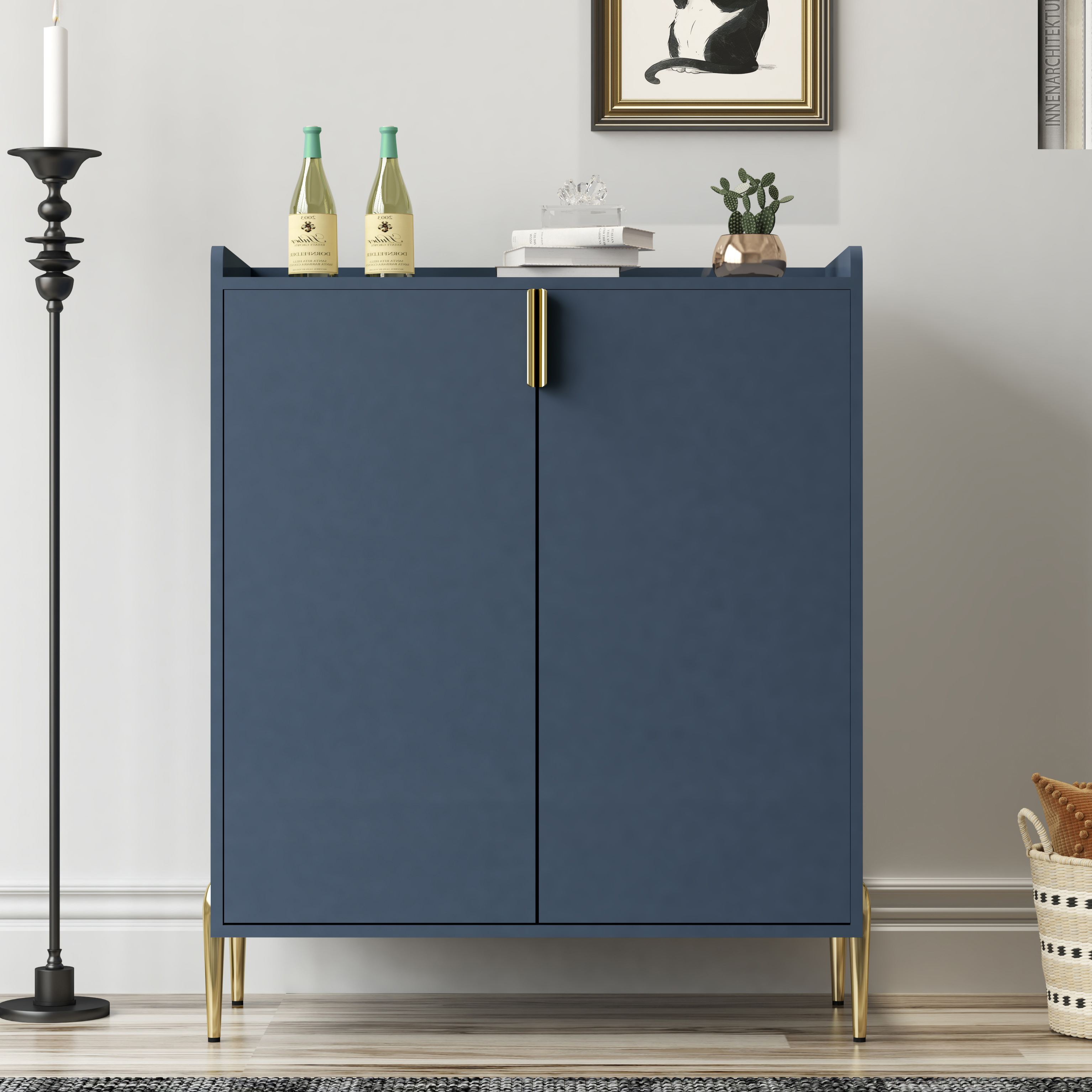 Bar de vinos con 2 puertas, botellero y estante ajustable, moderno, azul