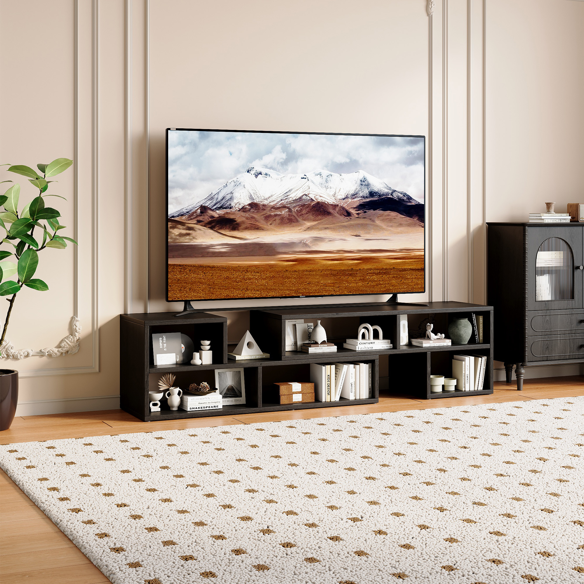 Adjustable Modular TV Stand, Black Open Storage Console Cabinet, Modern Entertainment Center With Multi Compartments, Freestyle Combination Media Shelf For Living Room Bedroom