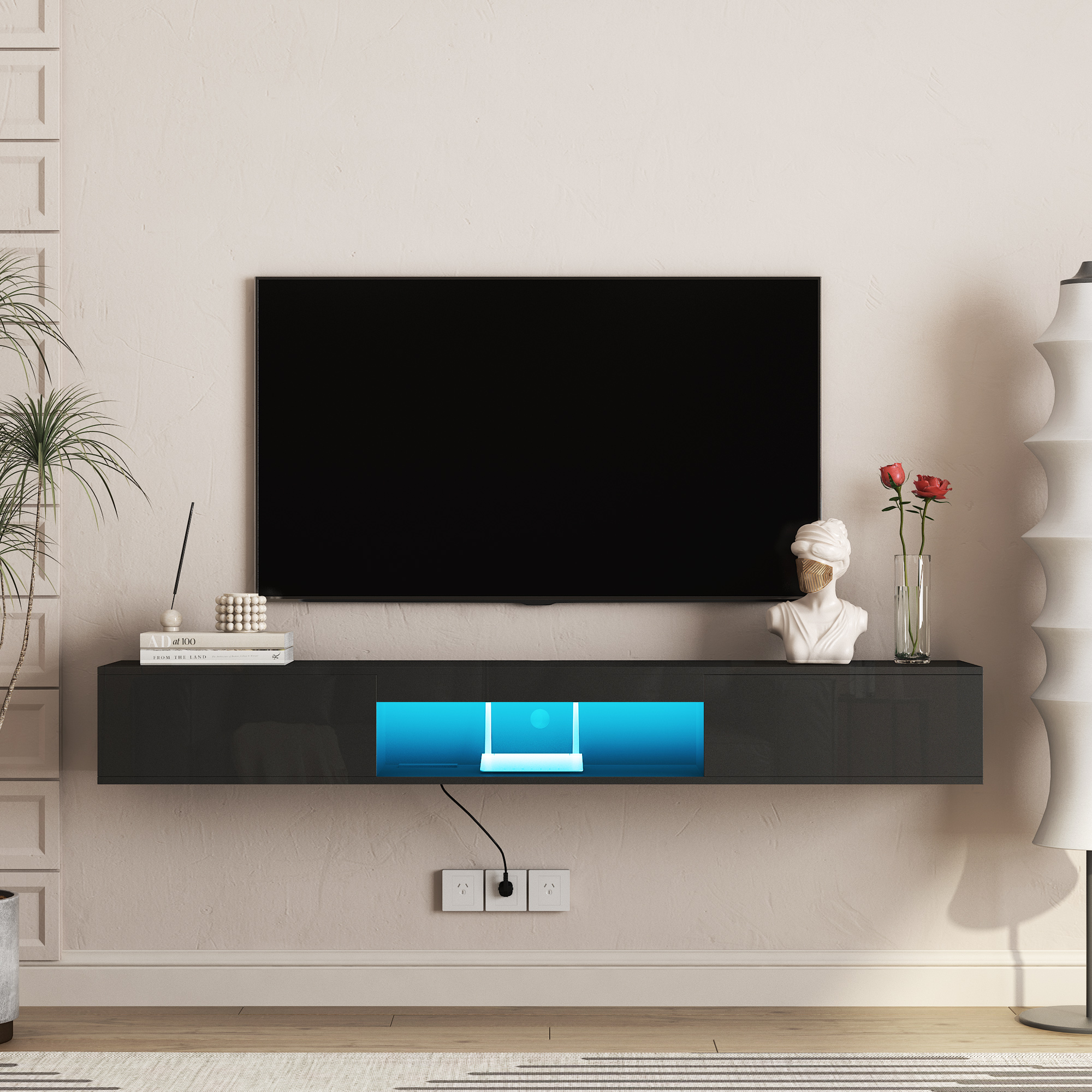 Floating TV Stand Wall Mounted With 16 Color LEDs,69  Modern TV Stand, Floating TV Cabinet Entertainment Center For 55 60 65 Inch TV,Black