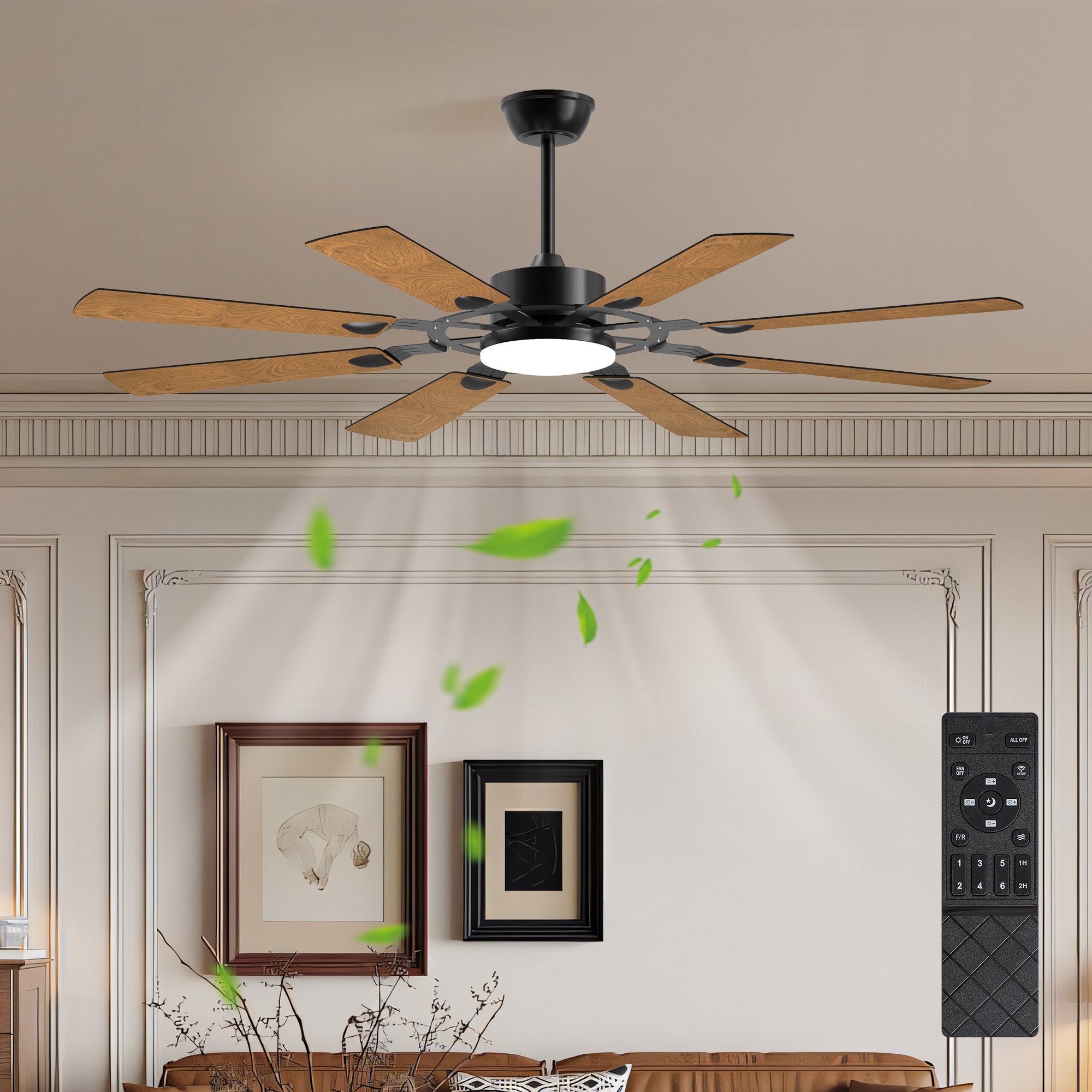 60 Inch Ceiling Fan With Lights And Remote Control, 8 Plywood Blades, 6-Speed Noiseless Reversible DC Motor, 3CCT, Windmill Ceiling Fan For Kitchen Bedroom Living Room, Black