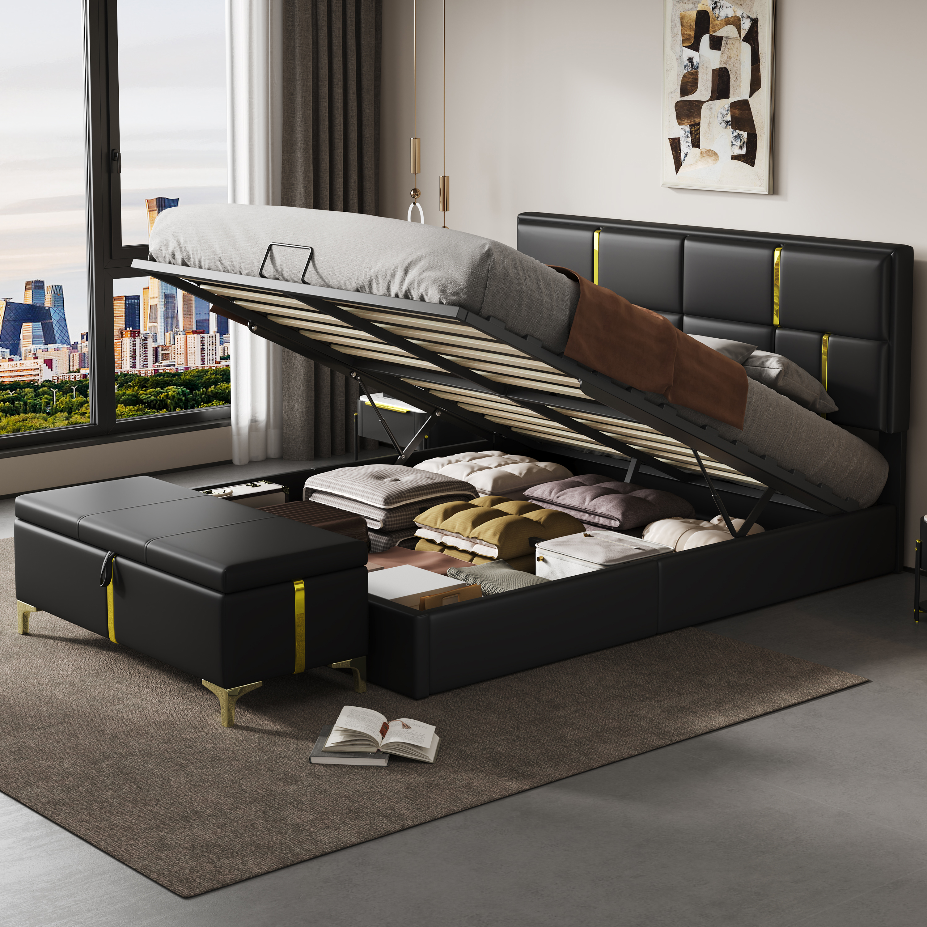 2-Pieces Bedroom Sets,Queen Size Upholstered Platform Bed With Hydraulic Storage System,Storage Ottoman With Metal Legs,Black