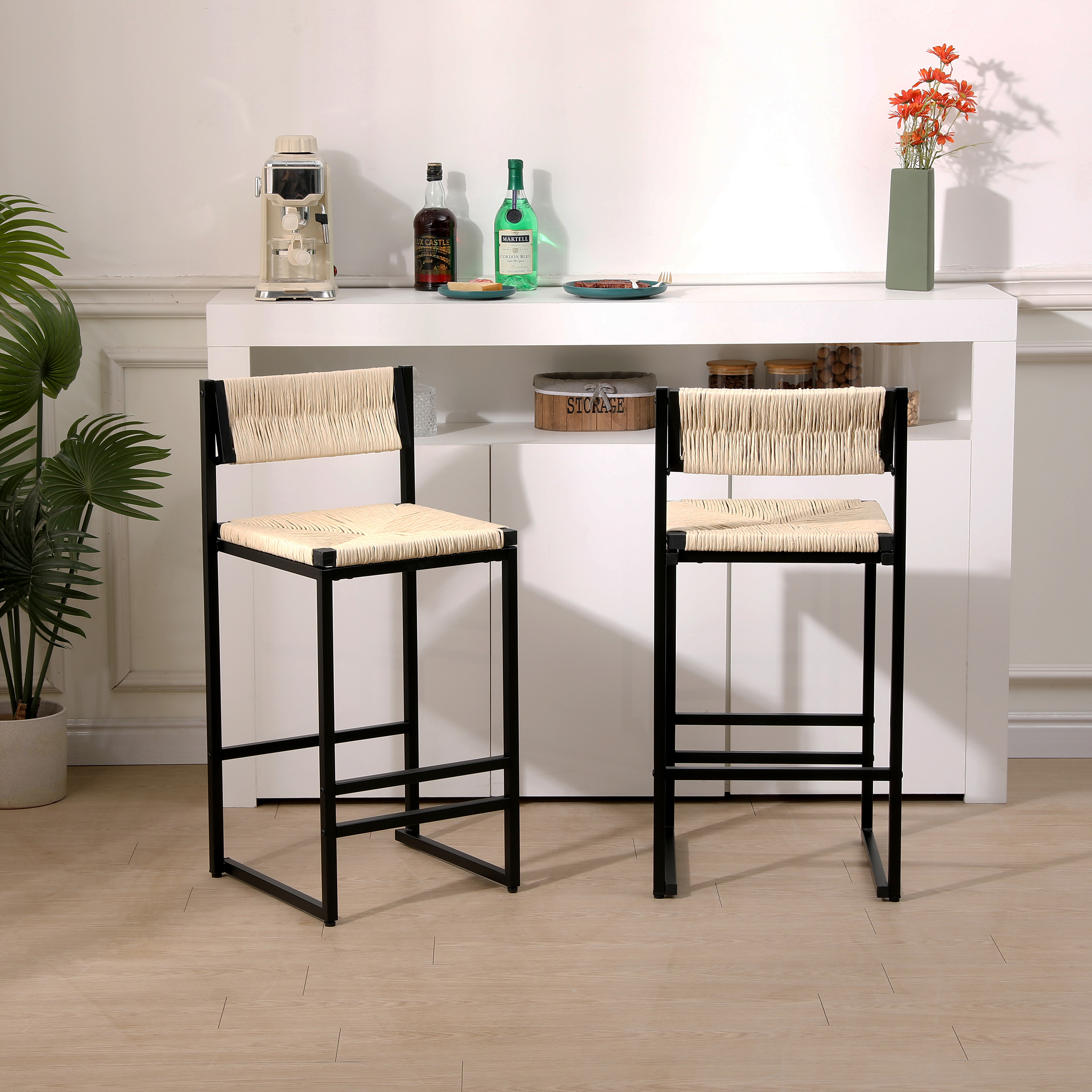 Juego de 2 taburetes de barra tejidos con cuerda de papel y reposapiés, blanco cremoso