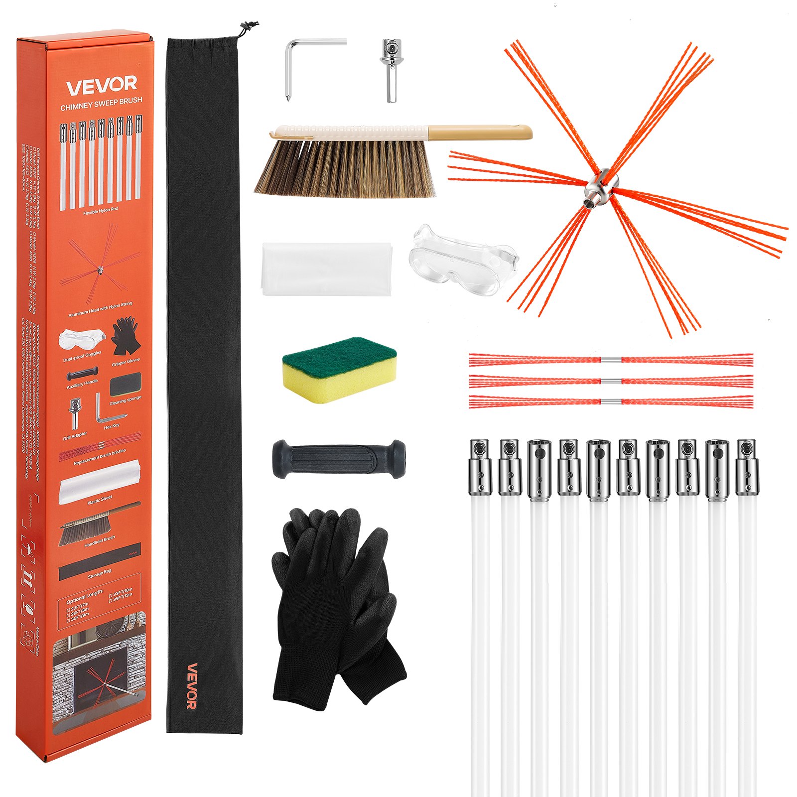 Chimney Sweep Kit, 33 Ft Maximum Extendable Length Chimney Brush, Chimneys Cleaning Kit With Bristle Replacements & Goggles, 90° Bendable Fireplace Cleaning Tool, For Square, Rectangle Chimneys