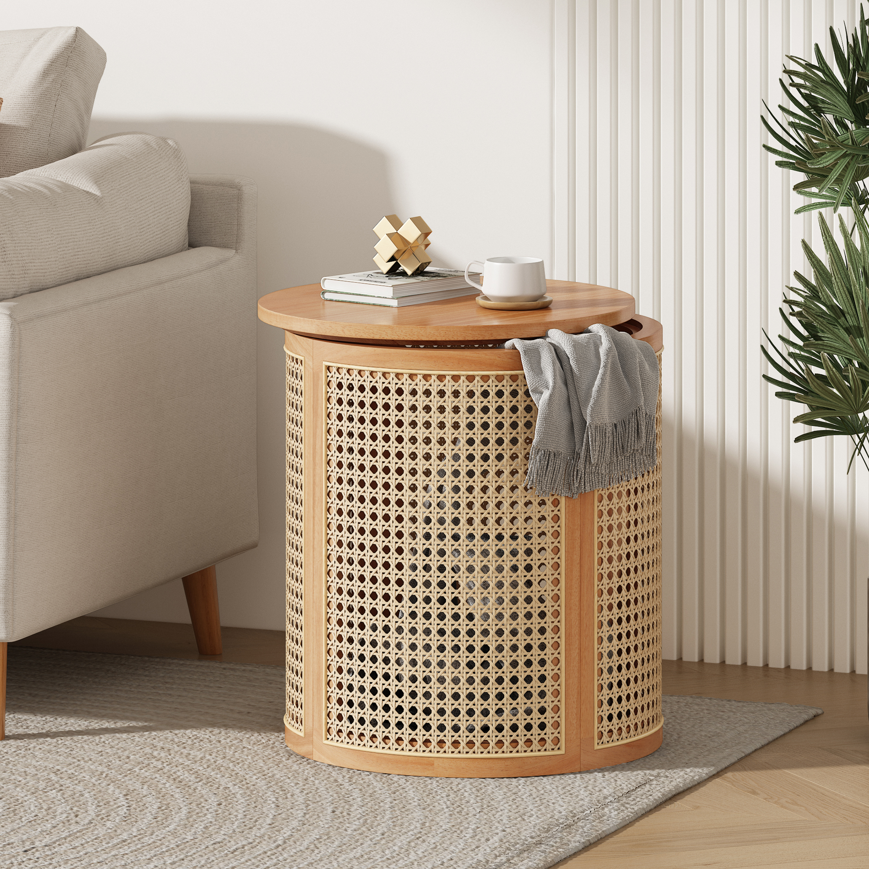 Mesa auxiliar de madera maciza, color natural.