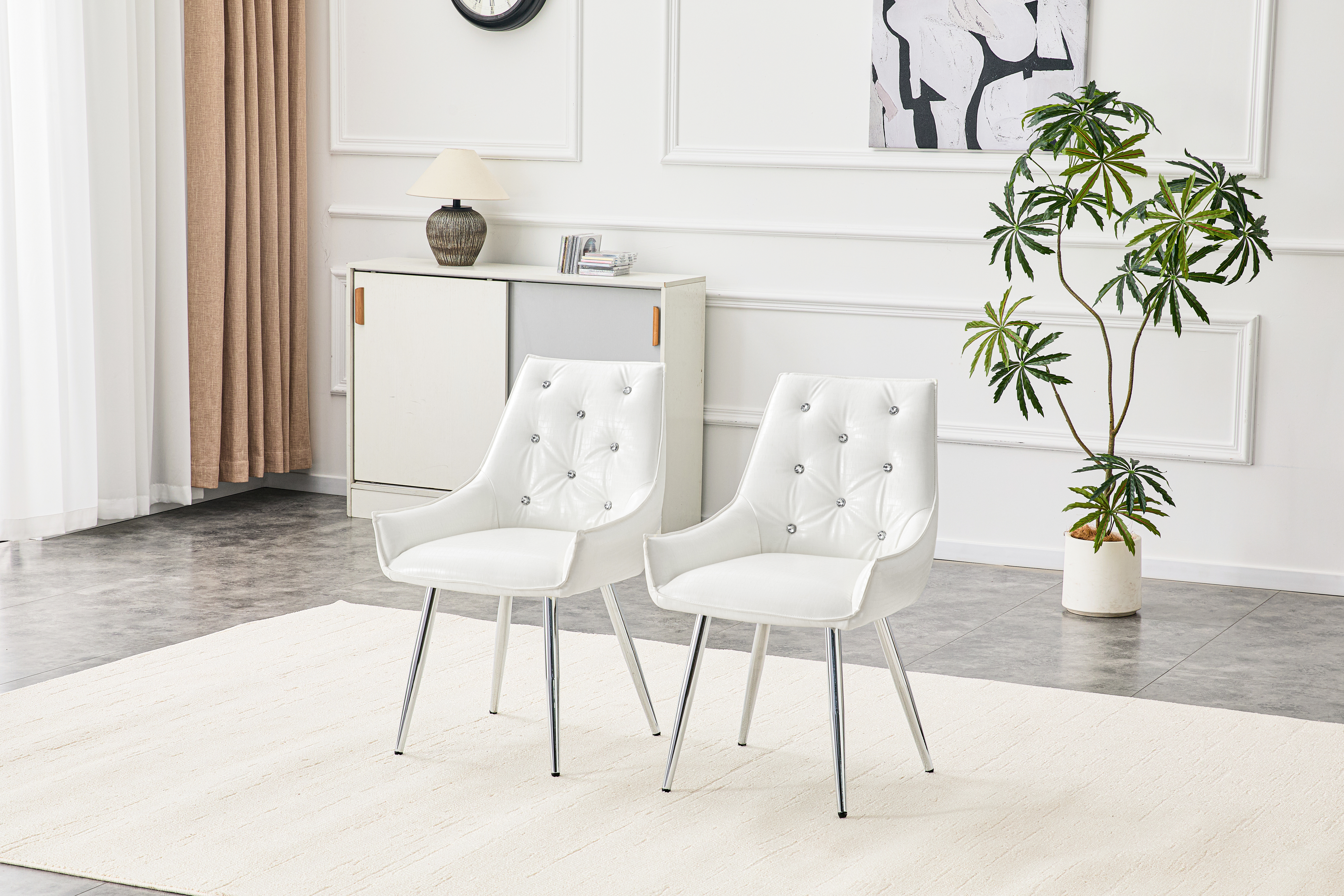 Pattern Premium PU Leather Accent Chair, Diamond Decor Backrest, Chrome Silver Metal Legs & High-Resilience Sponge Cushion  Versatile For Office, Dining Room & Living Room  White, Set Of 2