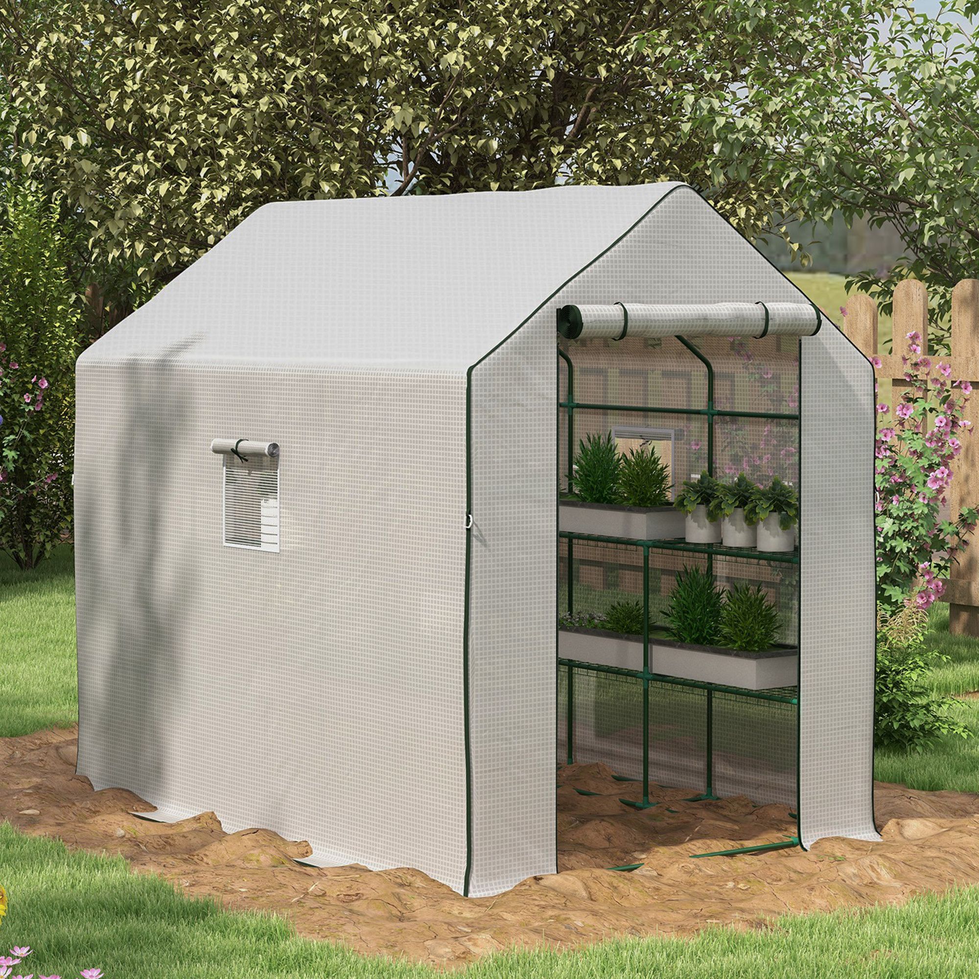 Portable Greenhouse, Water/UV Resistant Walk-In Small Outdoor Green House with 2 Tier Flower Rack Shelves, White