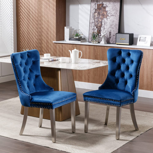 Set de 2 sillas de comedor tapizadas en terciopelo con capitoné, patas de acero cromado