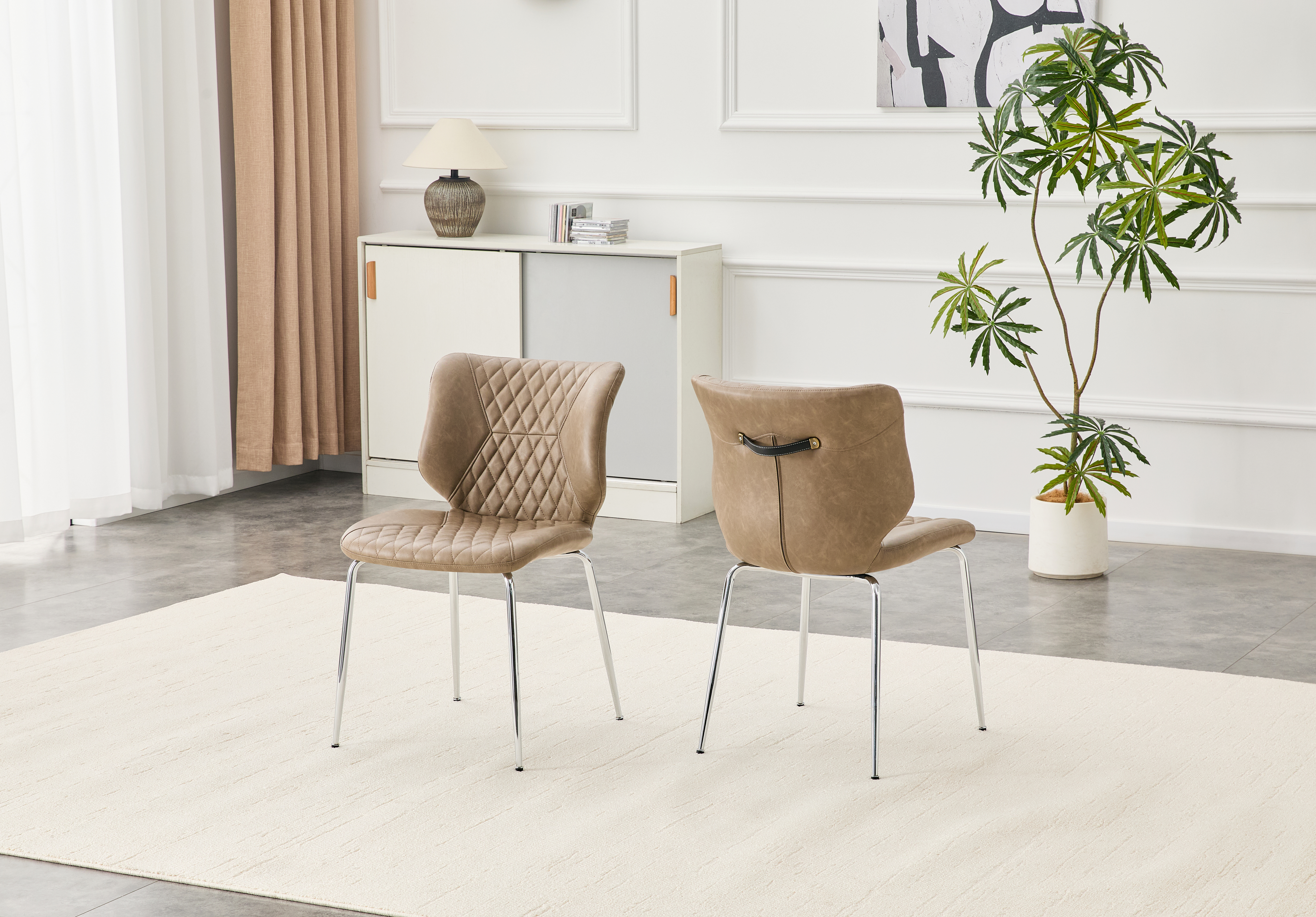 Dining Chairs Set Of 2, Khaki Oil Waxed Leather Dining Chairs With Electroplated Metal Legs, Adjustable Non-Slip Foot Pads, Diamond-Tufted High Back Upholstered Dining Room Chairs  Khaki, Set Of 2