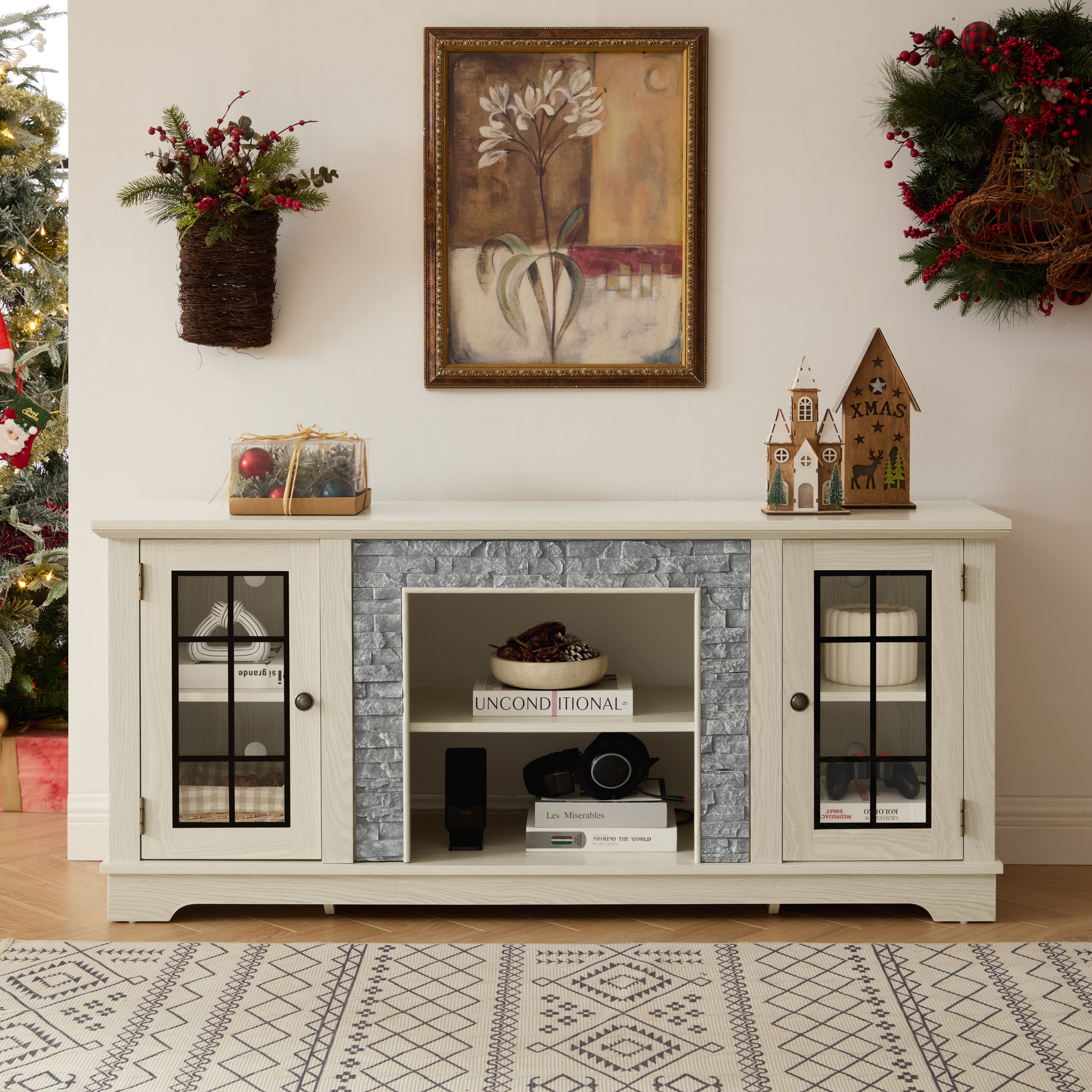 58  Modern TV Stand With 2-Door Storage, Faux Stone Media Console Cabinet, White Large Entertainment Center For Living Room