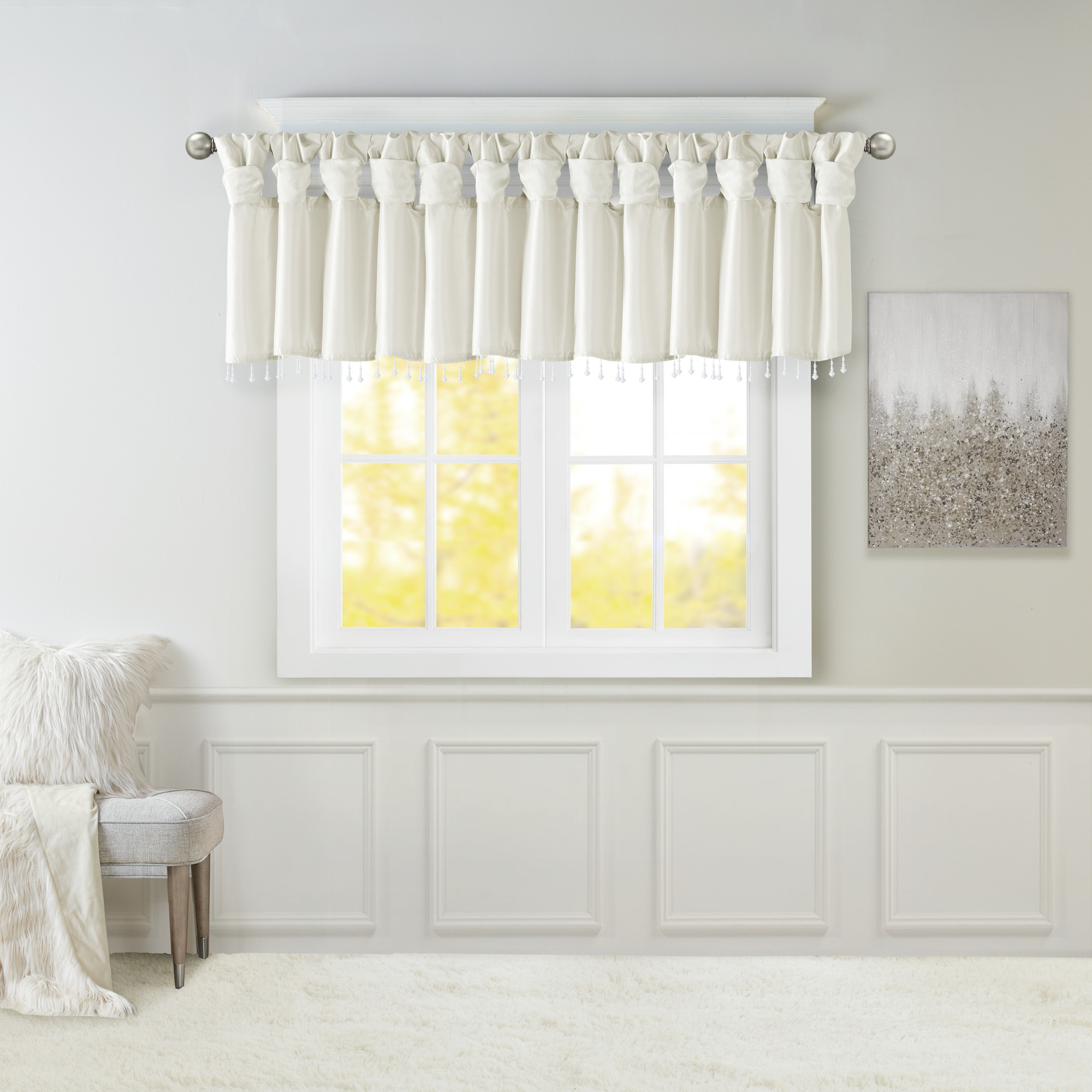 Lightweight Faux Silk Valance With Beads White 50x26