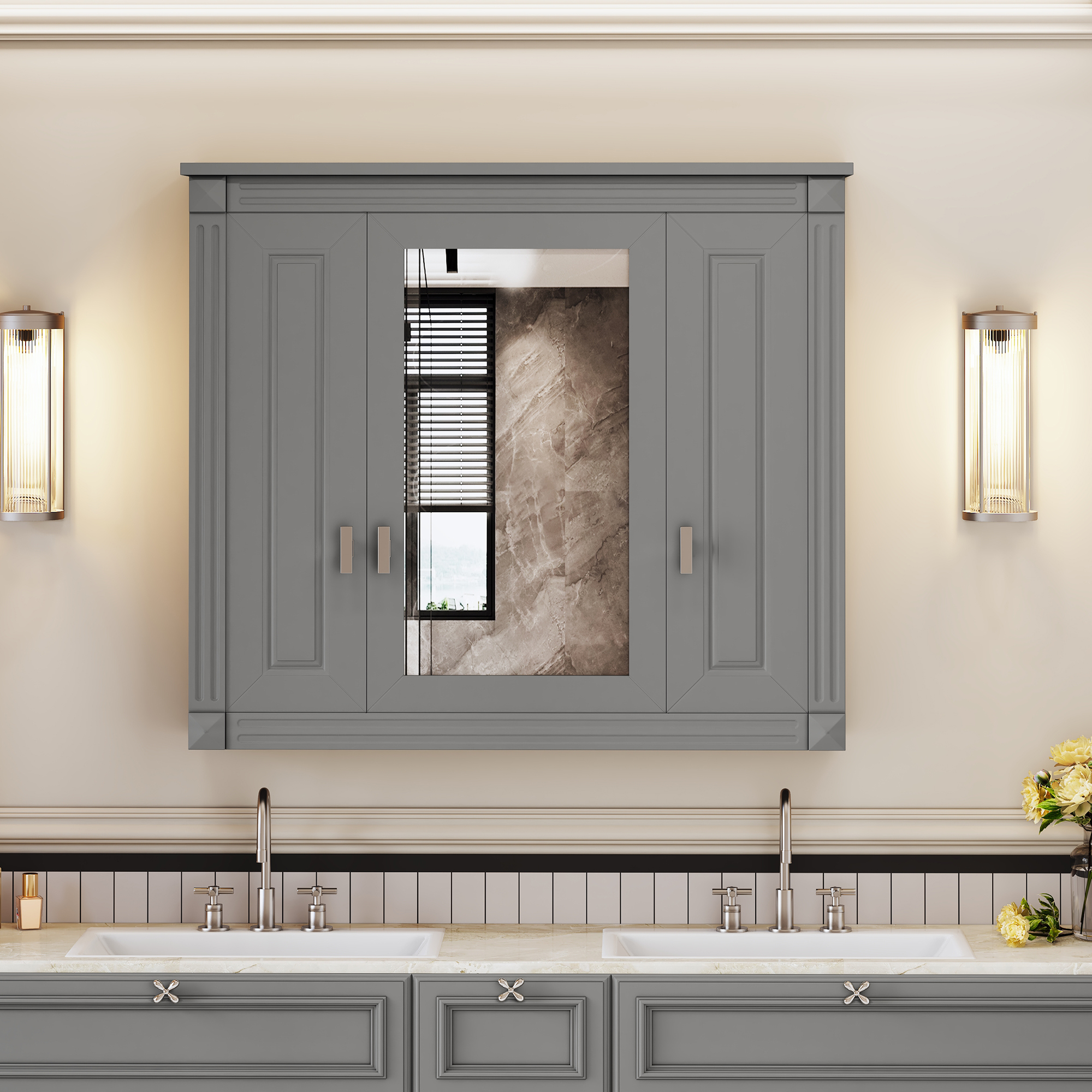 Gabinete de pared para baño con espejo y 4 estantes, para montar sobre inodoro.