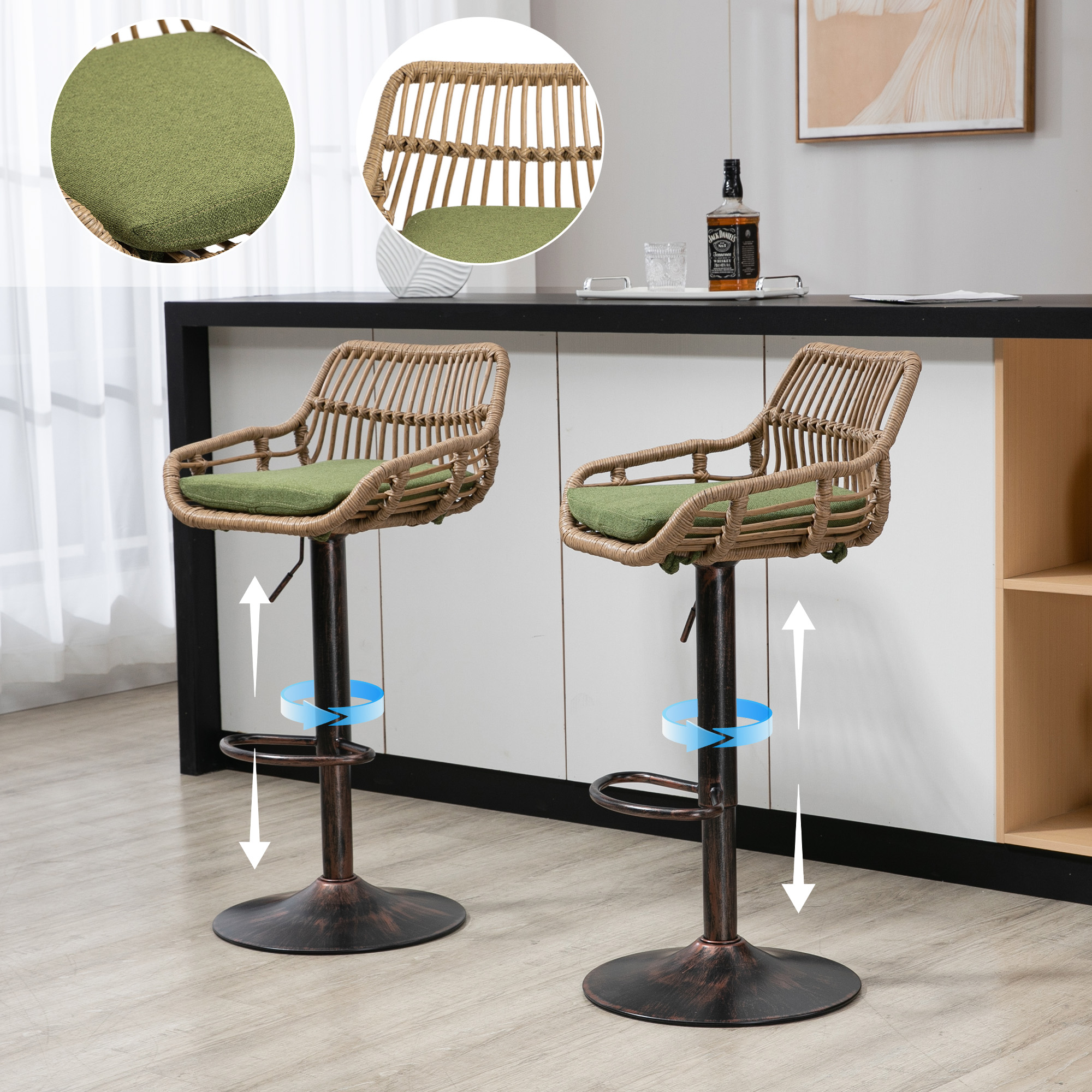 Juego de 2 taburetes de bar modernos giratorios de altura ajustable, verdes