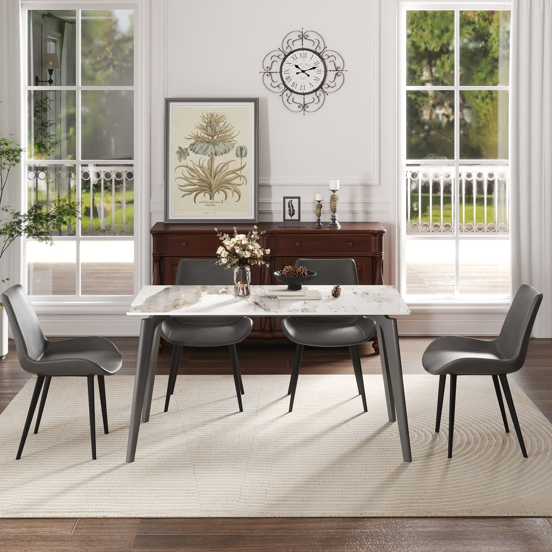 55.12  Modern Artificial Stone White Pandora Straight Edge Dark Grey Metal Leg Dining Table-Can Accommodate 6 People Dining Table Only