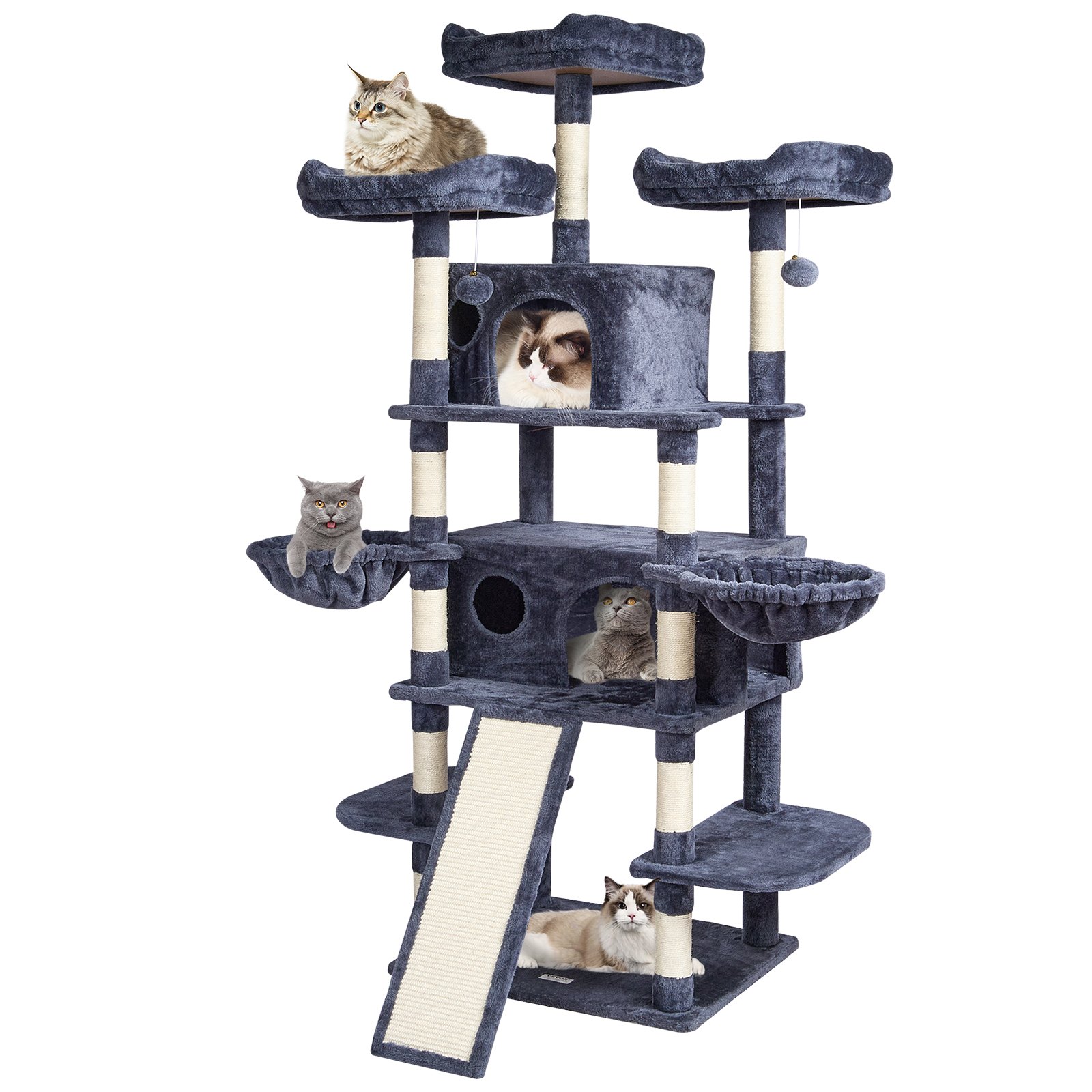 Árbol para gatos 68.5 pulgadas, 2 condominios, rascador de sisal, hamacas, gris oscuro