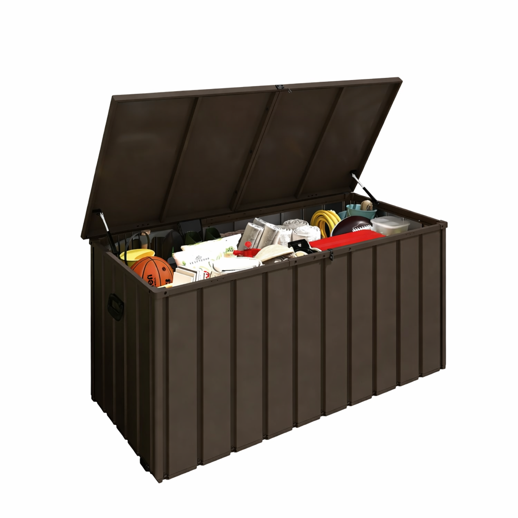 Baúl de almacenamiento de metal de 200 galones, impermeable, exterior, con cerradura, marrón.