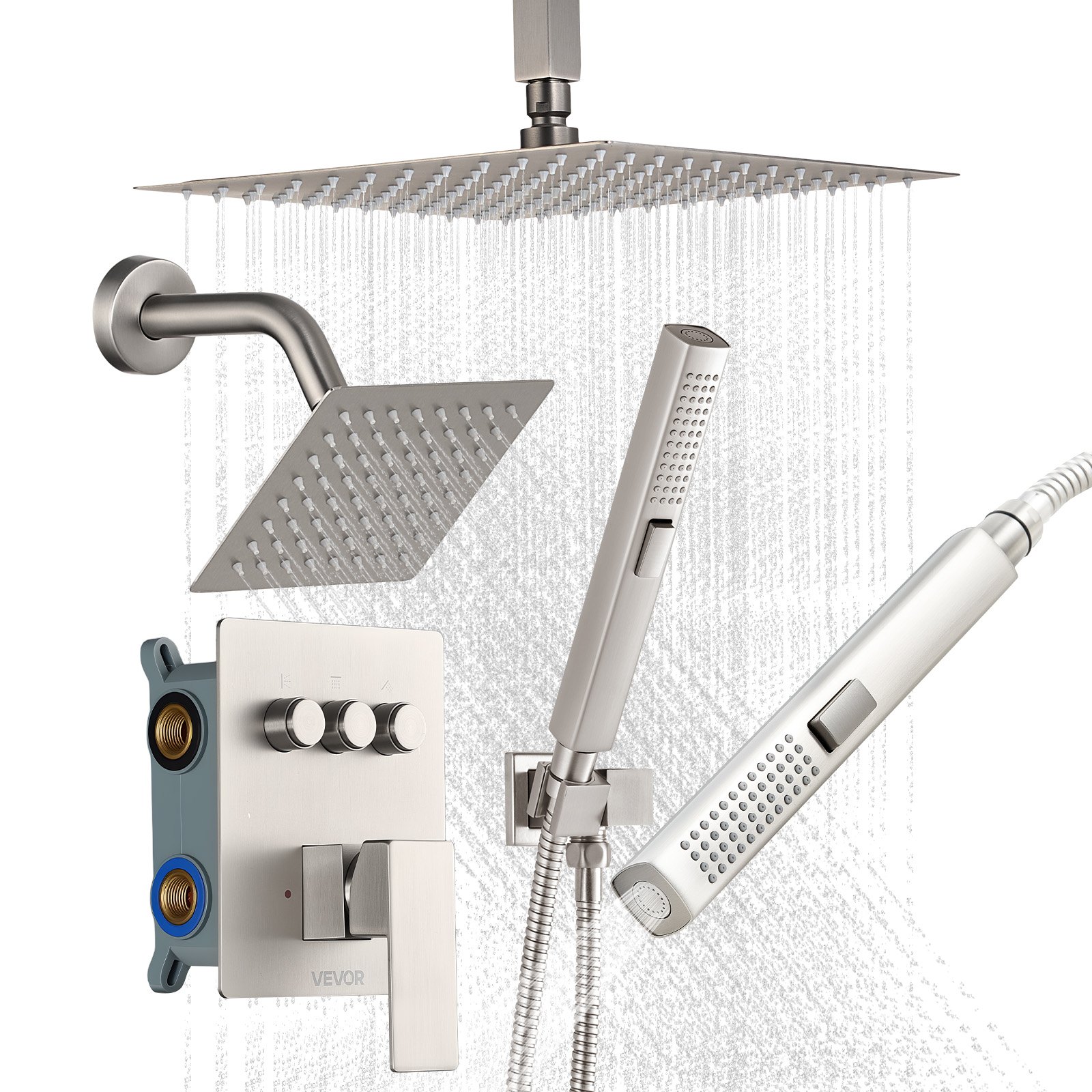Set de grifería de ducha, 10 pulgadas efecto lluvia, cabezal de pared 6 pulgadas, níquel cepillado