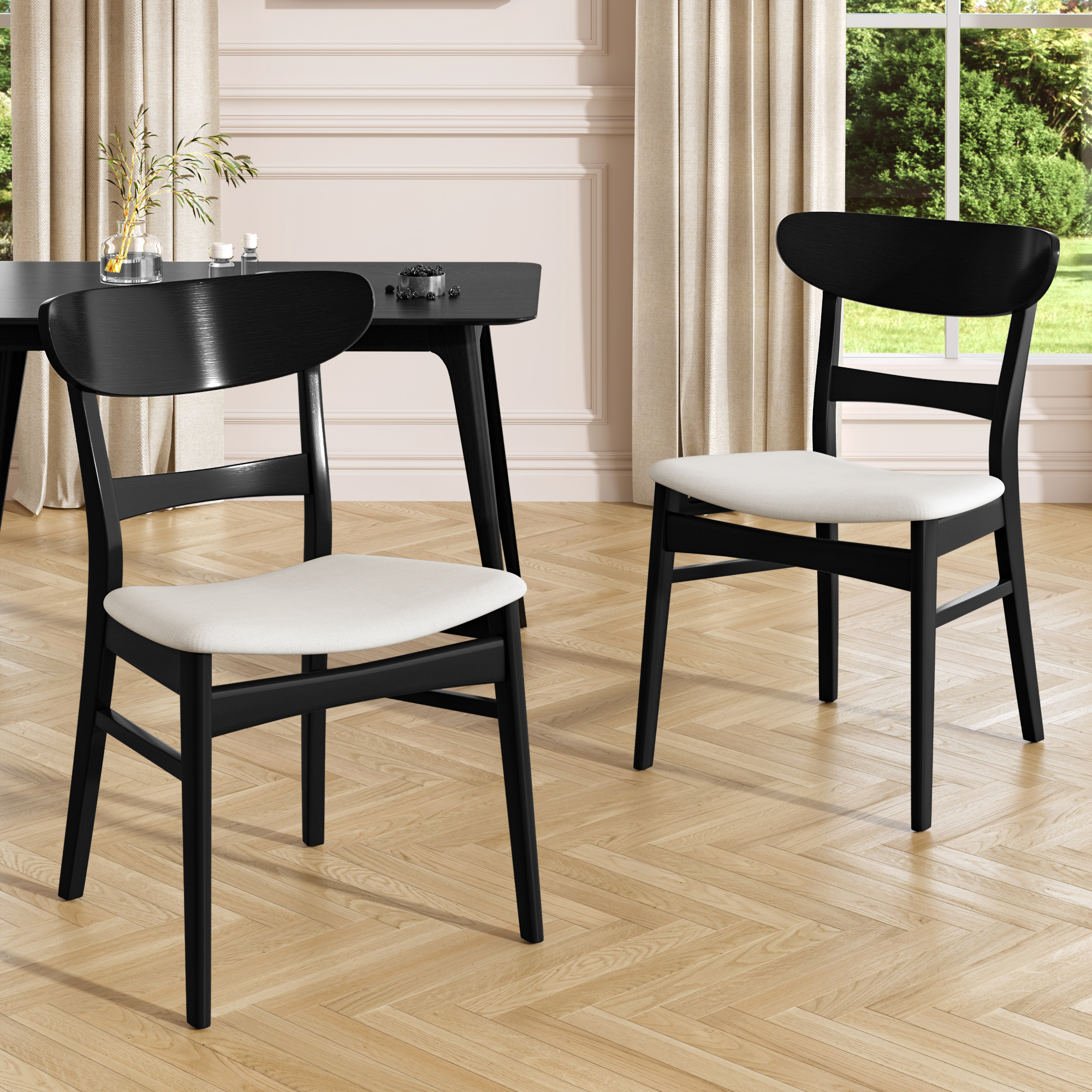 Video Set Of 2 Dining Chairs - Upholstered Seat, Rubberwood Legs, Black   Light Beige Same Sku  58915.00LBEBLK