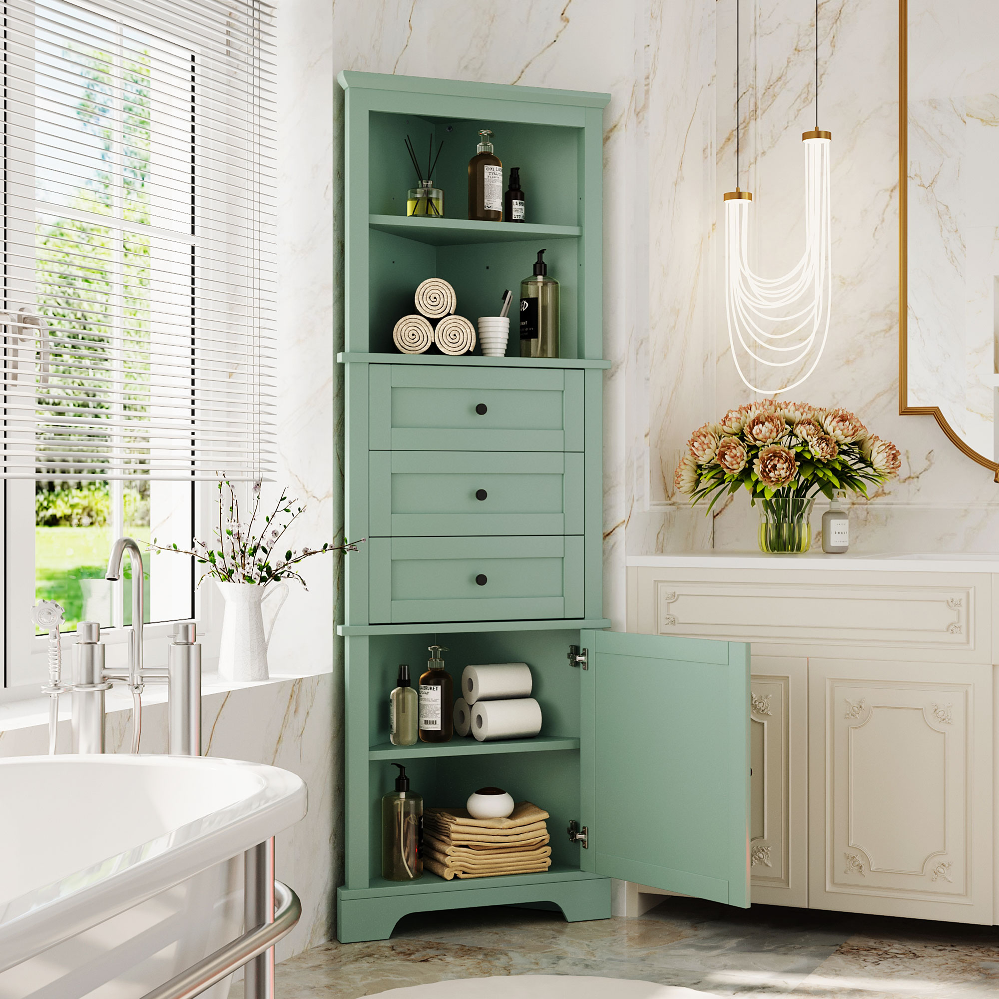 Green Triangle Tall Cabinet With 3 Drawers And Adjustable Shelves For Bathroom, Kitchen Or Living Room, MDF Board With Painted Finish