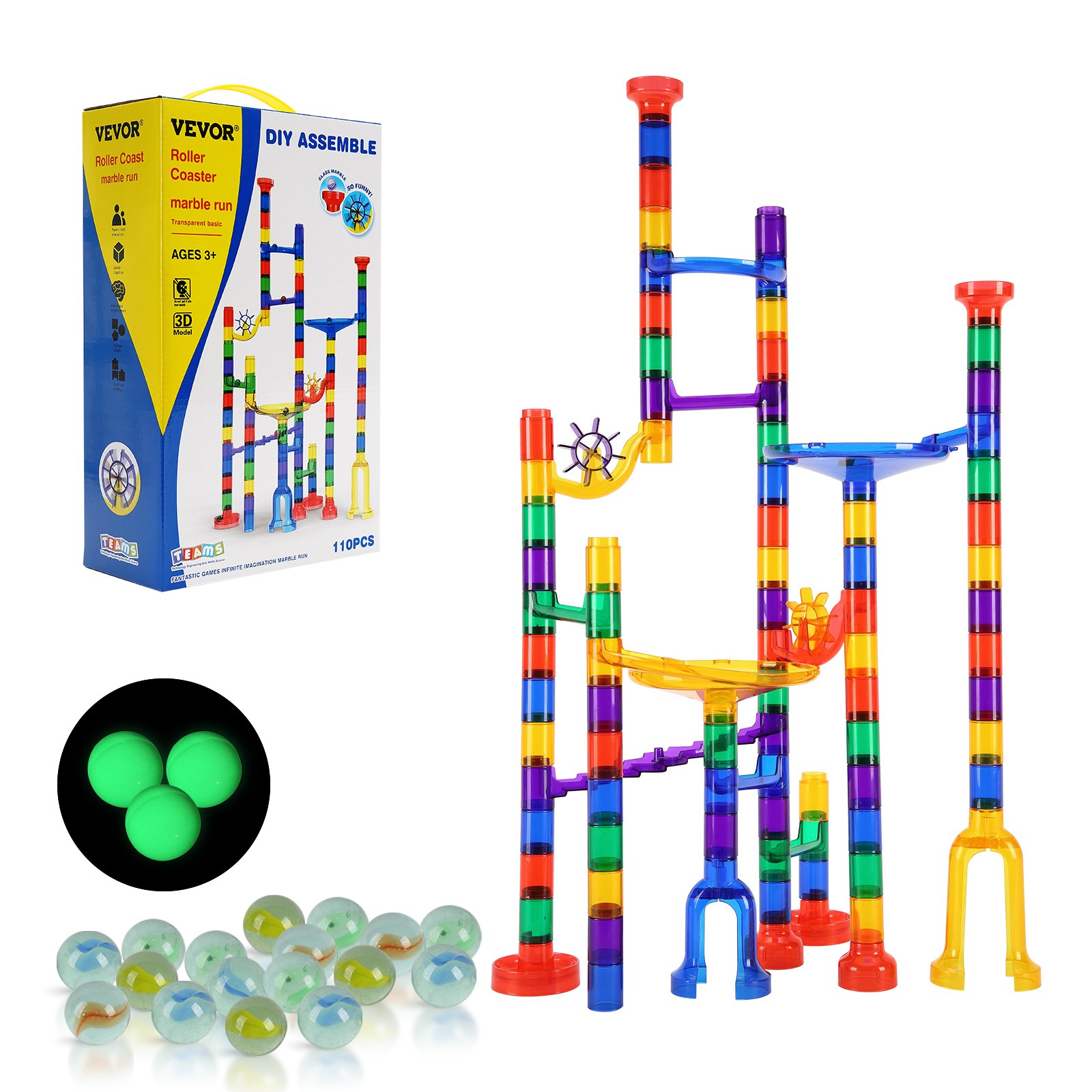 Marble Run Set, 110 Piece Marble Maze Building Block Brain Game, With 10 Glow In The Dark Marbles + 20 Glass Marbles, Educational Learning Race Track STEM Toys, For Kids, Boys, Girls Ages 3 +