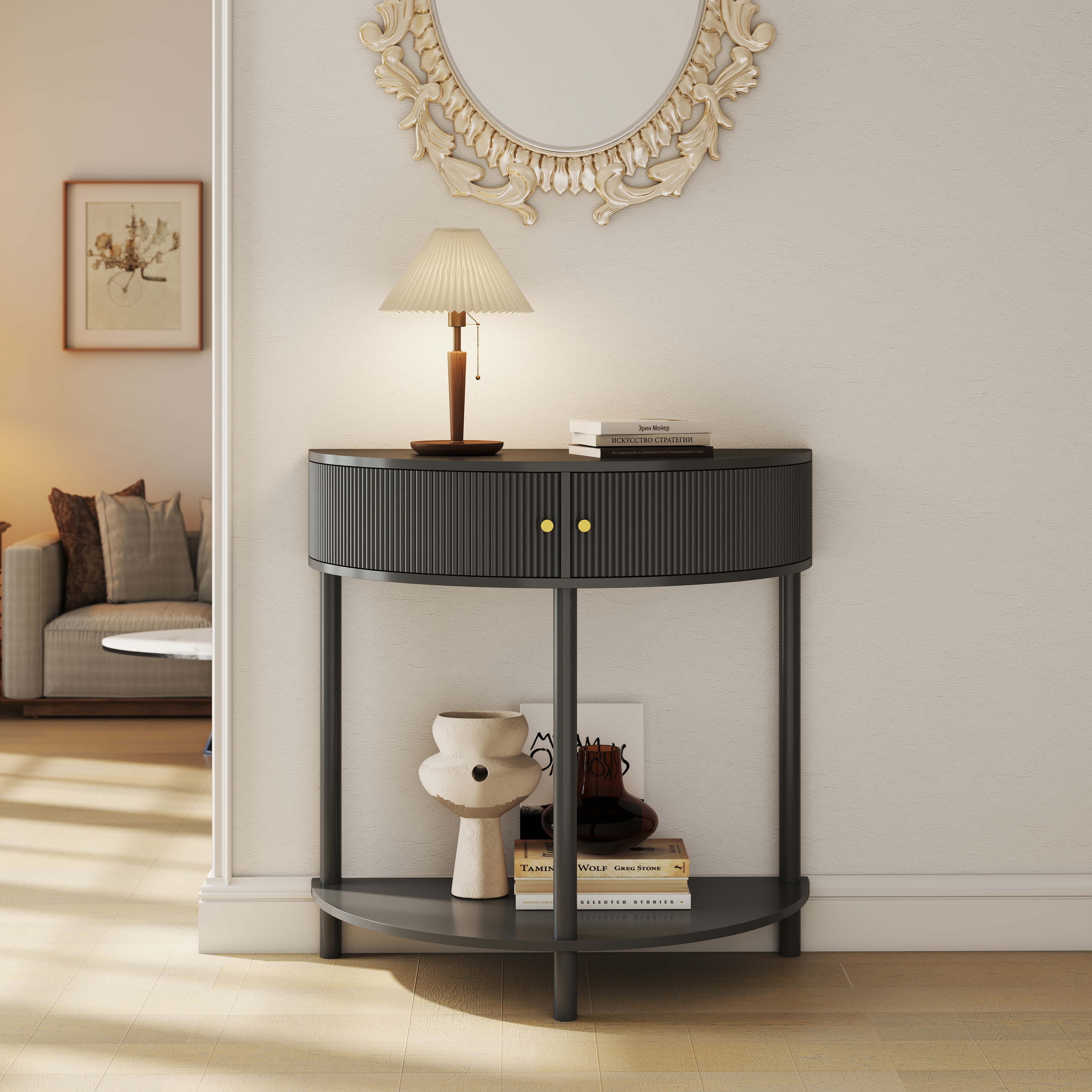 Mesa consola media luna artesanal, 2 cajones, estante, acabado gris oscuro