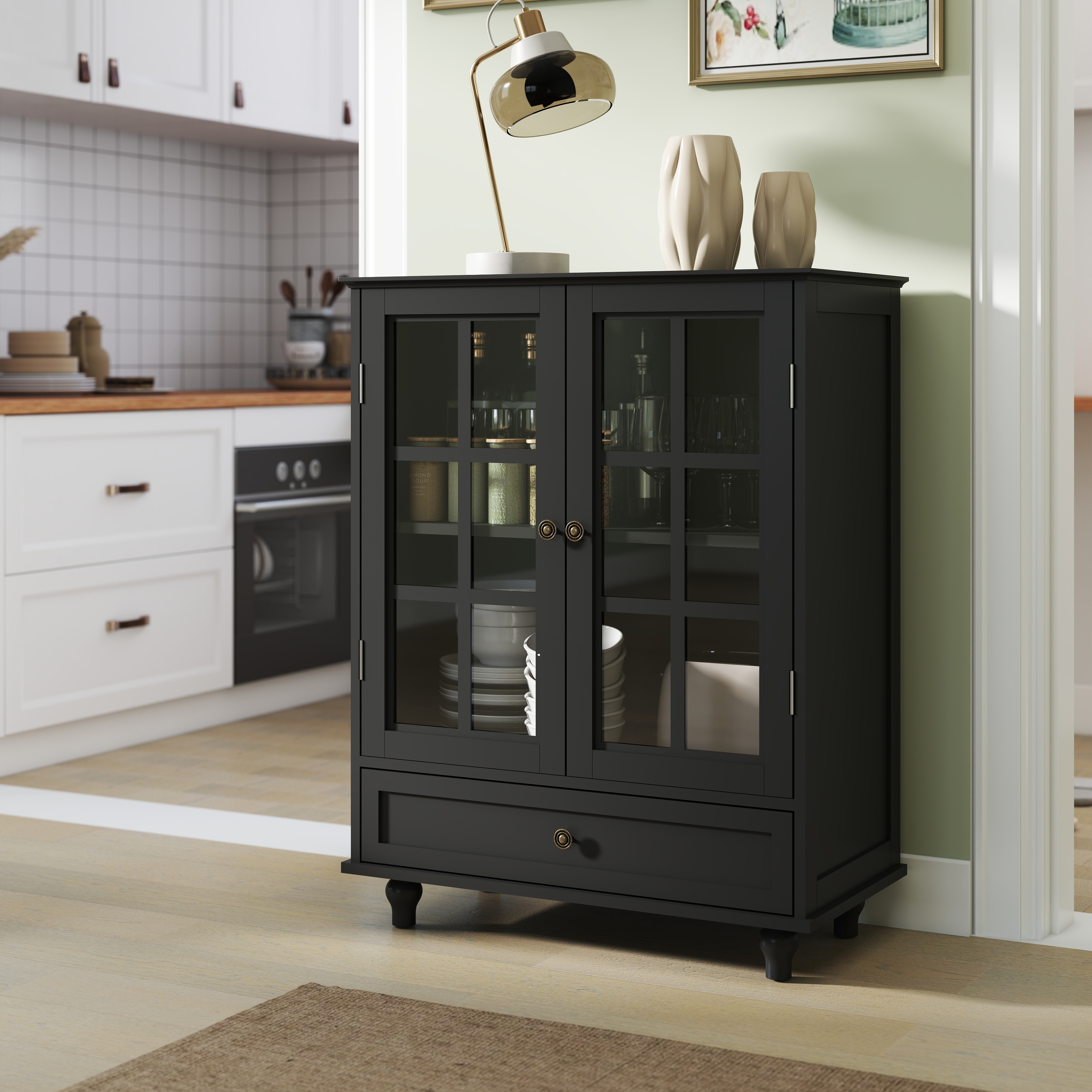 Minimalist Black Buffet Cabinet With Double Glass Doors And Drawer, Modern Wooden Storage Sideboard Cupboard For Living Room, Dining Room Hallway Entryway  Black