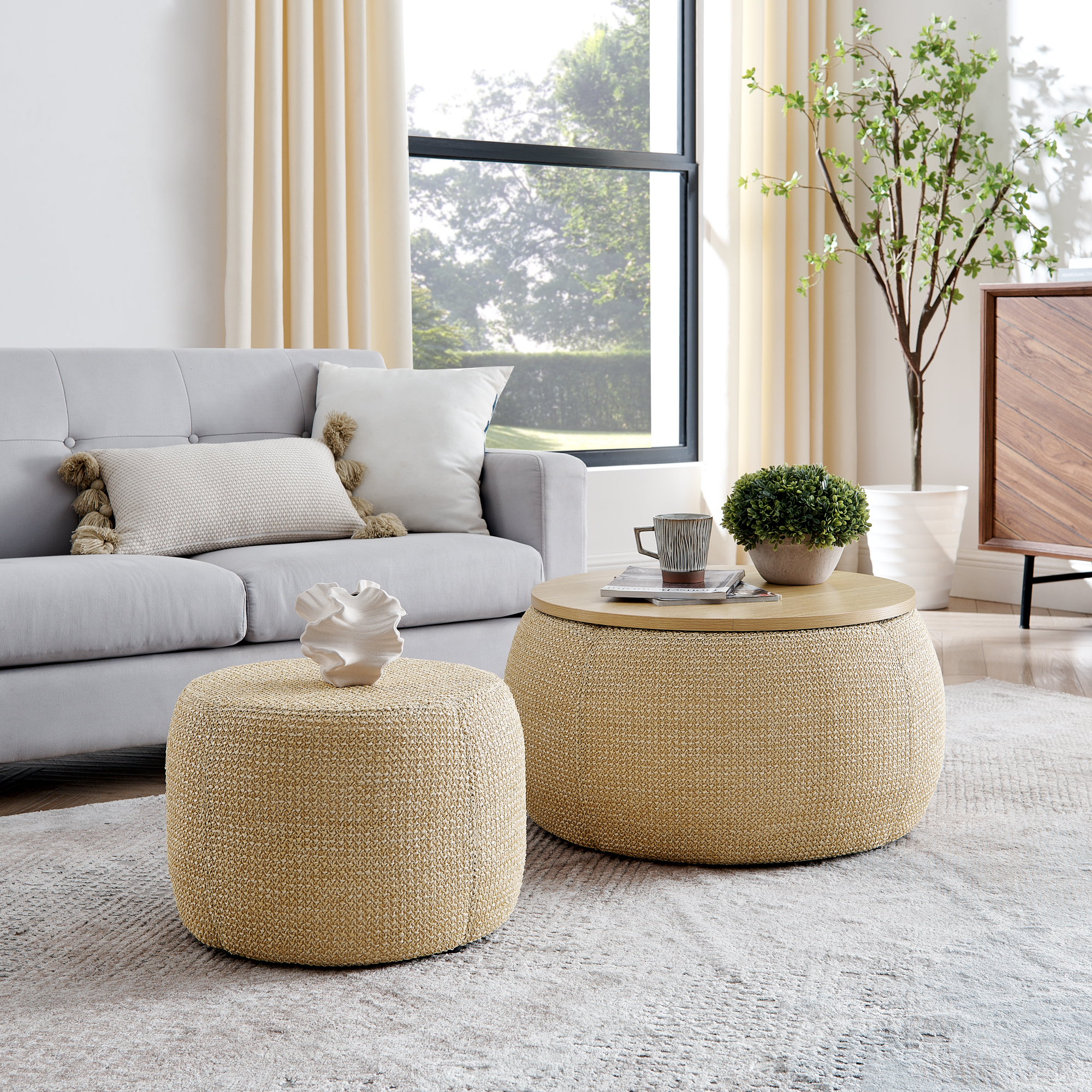 Round Storage Ottoman, Woven Rattan Fabric Ottoman, 2 In 1 Function, Work As End Table And Ottoman,with Small Seat-nature 25x25x14.7