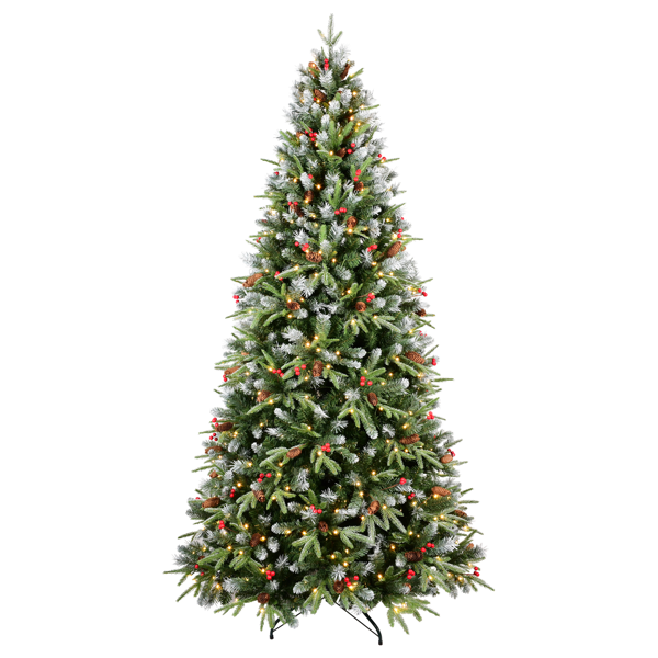 Artificial 5ft Green LED-lit Christmas Tree With 1113PE/PVC Mixed Branch Tips,Red Fruit And Pine Cone,Hinged Premium & Foldable Base For Indoor Holiday Decorating